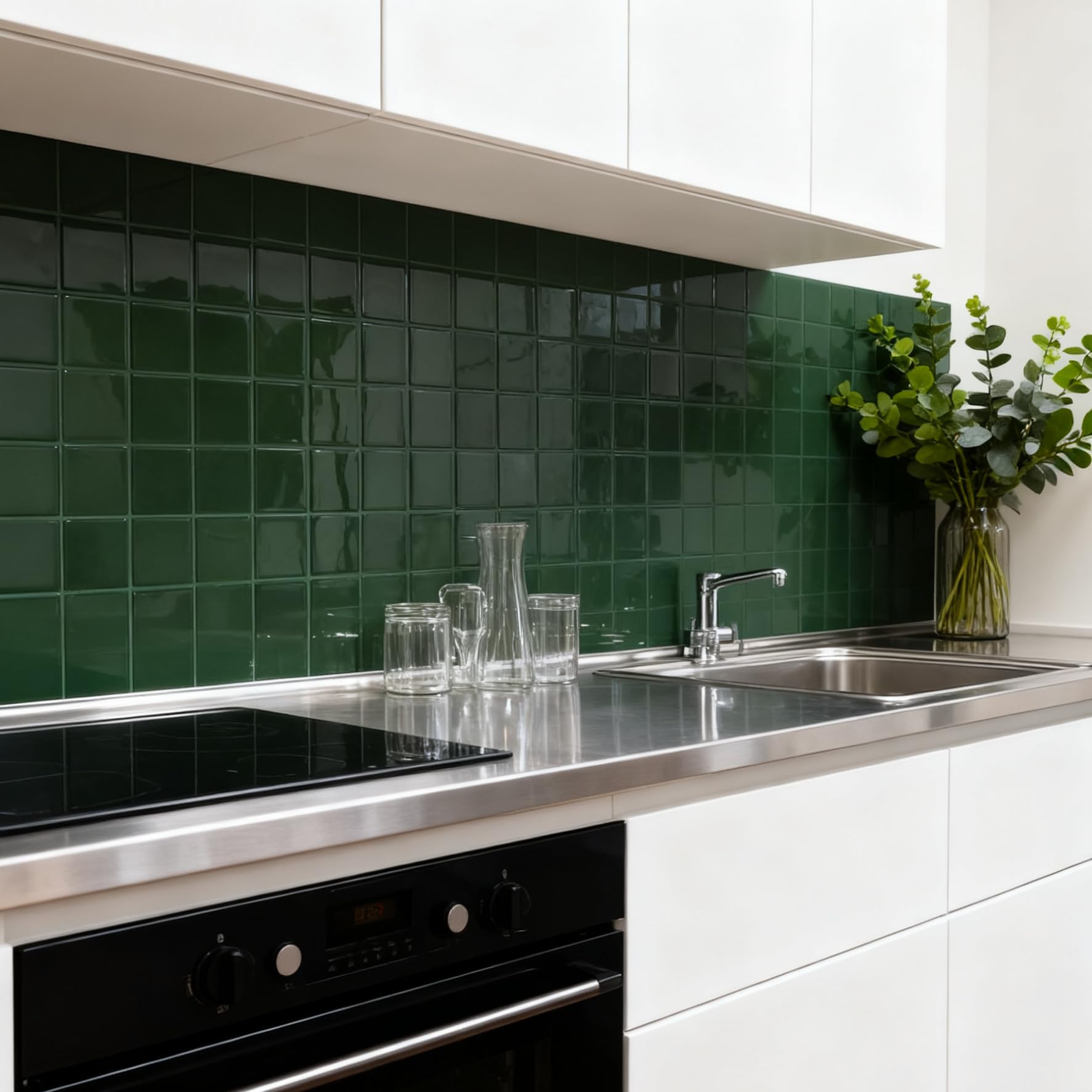 Cuadrado Azulejos Adhesivos Cocina, 3D Azulejo Autoadhesivo Impermeable para Cocina y Baño, Mosaico Vinilo Adhesivo Pared, 10 Unidades Verde Decorativos para Pared Adhesivo (22,9x22,9 cm)