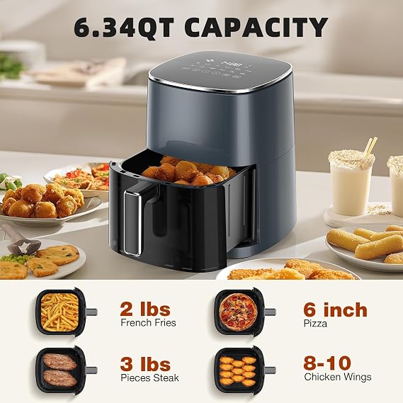 Elevon 6QT Large Air Fryer, 12-in-1 Digital Airfryer with Clear Window, Roast, Reheat, Dehydrate, Bake, Steam with 400F and More, Dishwasher Safe, Nonstick, Fit for Family of 2-5,Gray