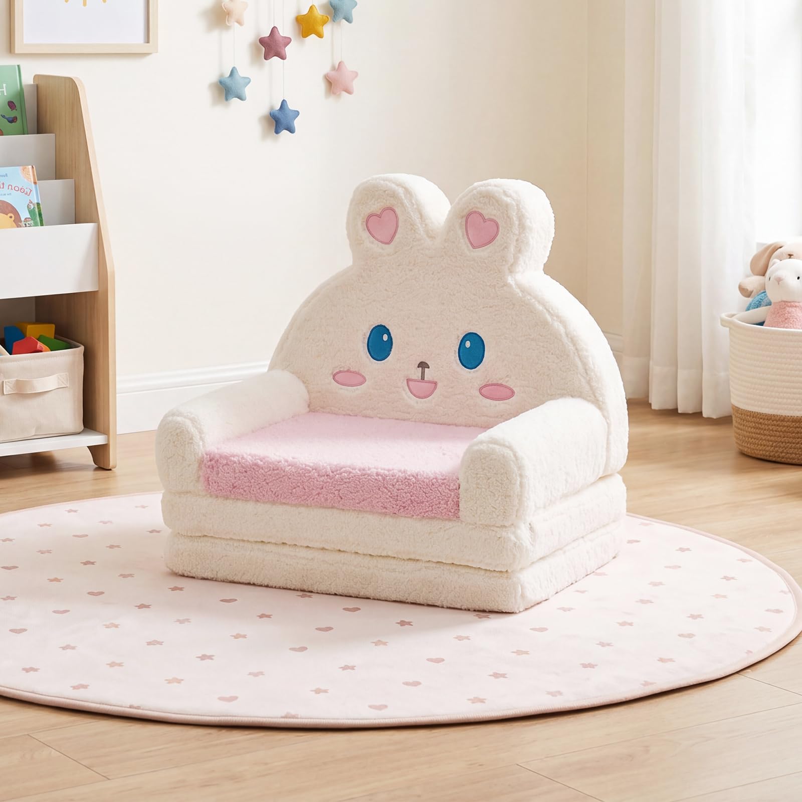 COSTWAY Sofá Infantil Plegable 2 en 1 (Conejo,Rosa) | Sillón Convertible para Niños con Funda Desmontable, Bolsillo de Almacenamiemto, Tumbona de Felpa para 18-36 Meses