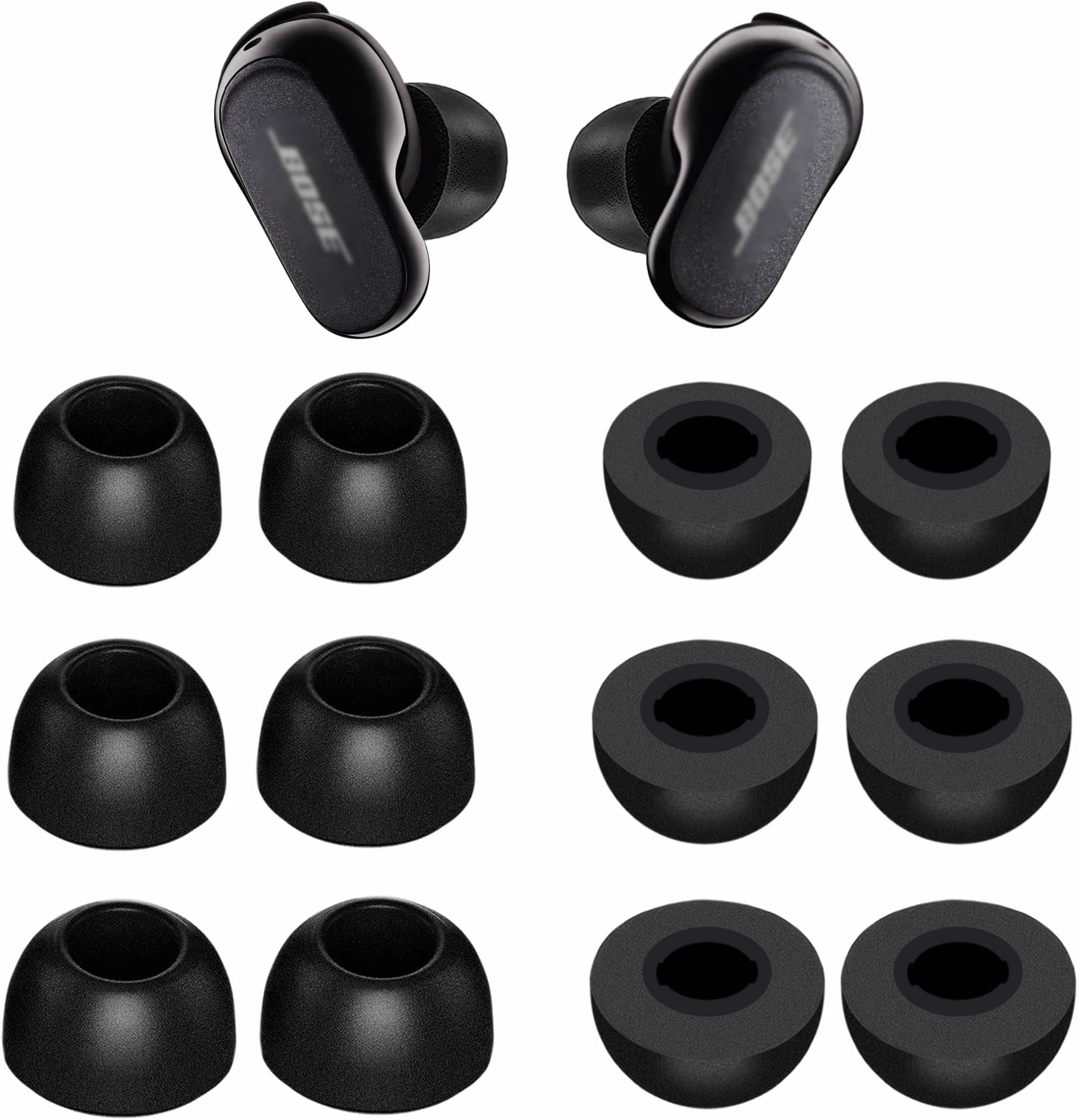 Memory Foam Tips Compatible with QuietComfort Earbuds II Ear Tips Eartips, No Silicone Pain Noise Reduce Comfortable Compatible with Bose QuietComfort Earbuds II 2022 Release - S/M/L Black