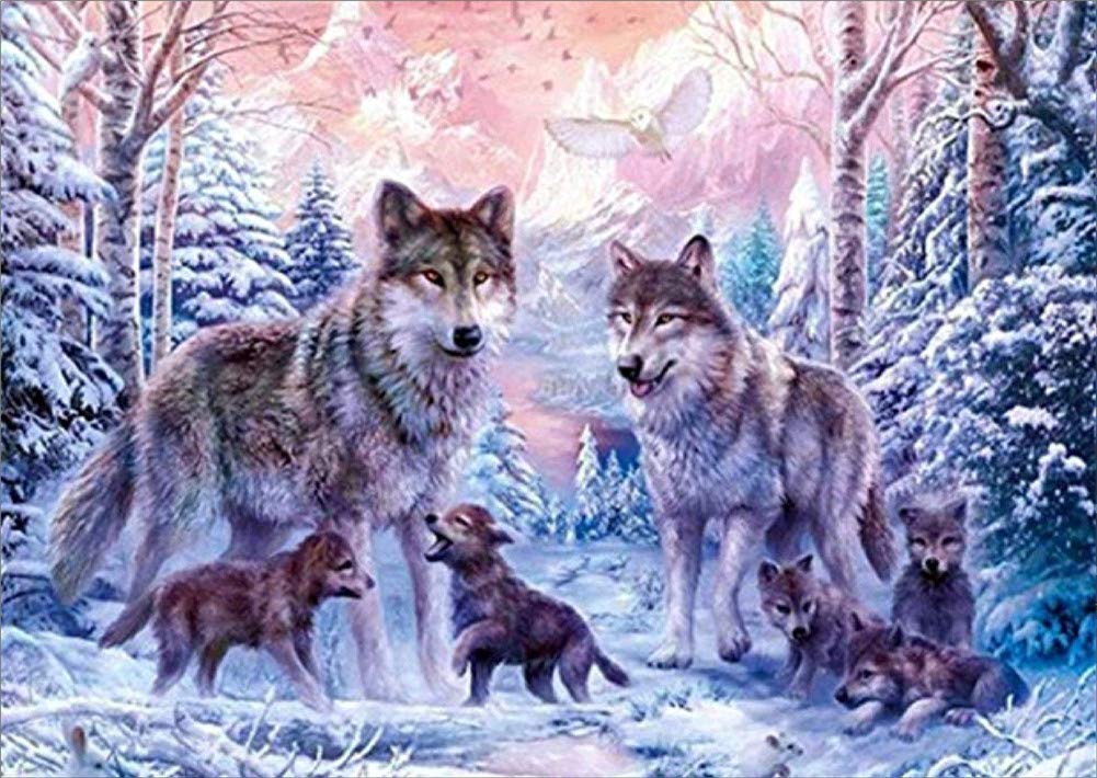 New 5D Diamond Painting Kits for Adults Kids, Awesocrafts Snow Wolf Family Full Drill DIY Diamond Art Crystal Rhinestone Paint by Diamonds Cross Stitch (Wolves)