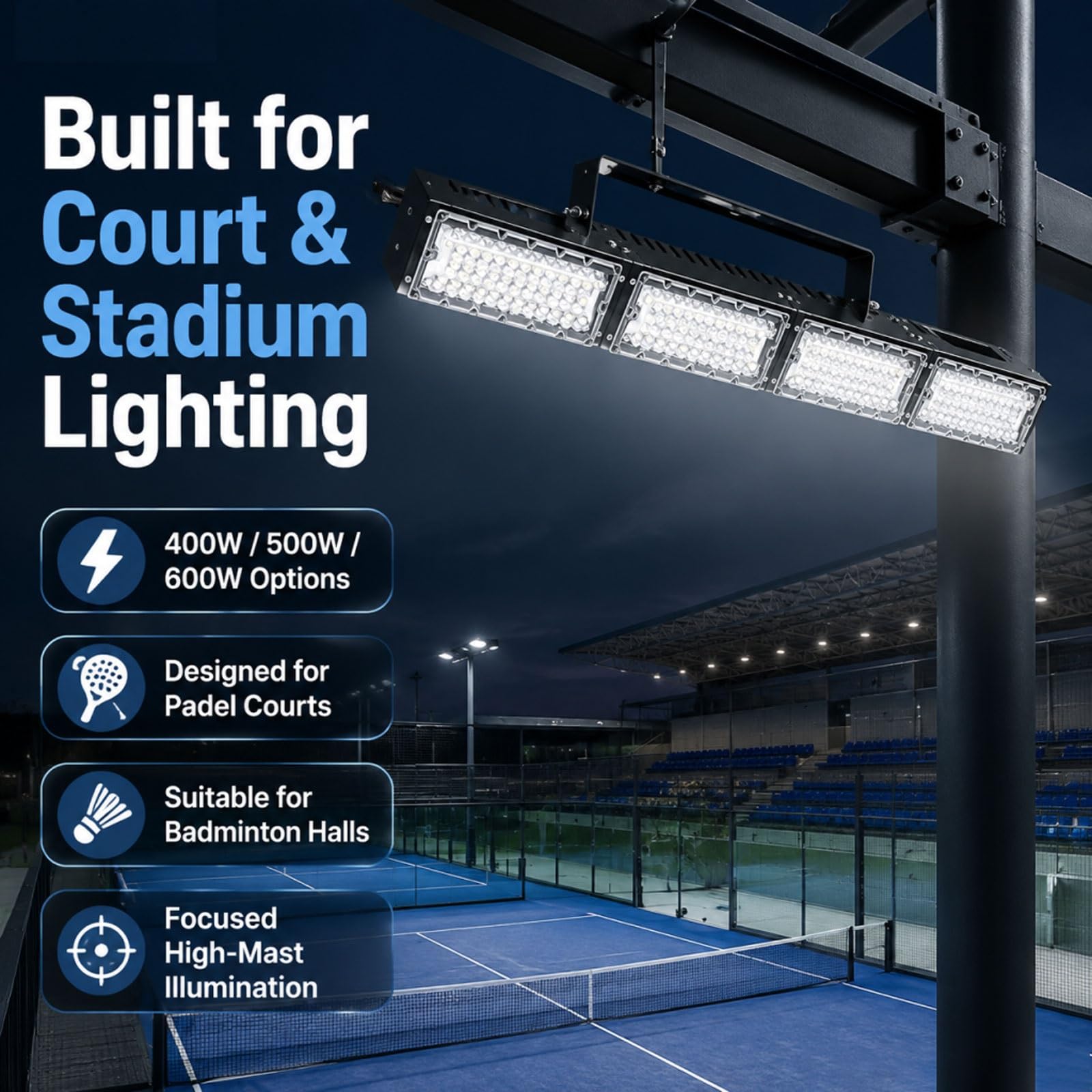 Oświetlenie boiska sportowego LED, oprawa oświetleniowa stadionu, wodoodporne oświetlenie zewnętrzne stadionu z wysokim masztem IP66, lampa do komercyjnego boiska sportowego 5000 K na kort(400W)