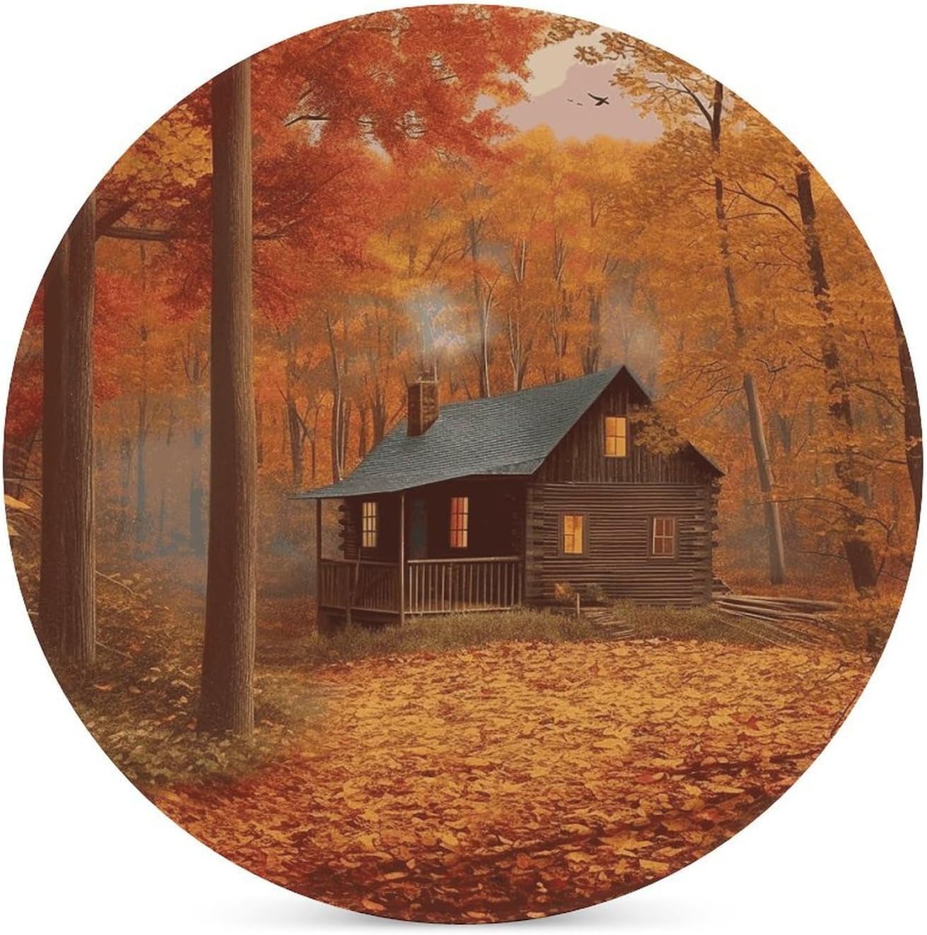 6PCS Autumn Woods Cabin Coasters Non-Slip Round Drink Coasters with Ceramic Stone and Cork Base, Heat Resistant Absorbent 33.00Stone Coaster Set for Kinds of Mugs and Cups, 4 Inch