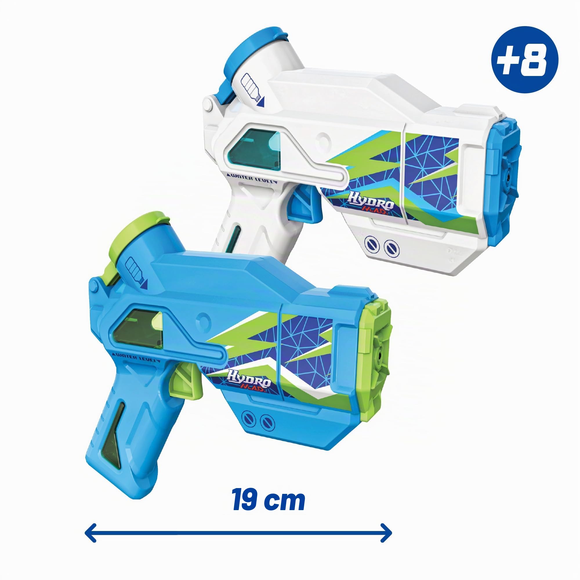 Bizak Hydro M.A.D. Mini Blaster Pack Doppio, Pistole ad acqua elettroniche in blu e bianco, portata fino a 5 m, giocattolo per gioco all'aperto, bambini e ragazze +8 anni, (62001154)