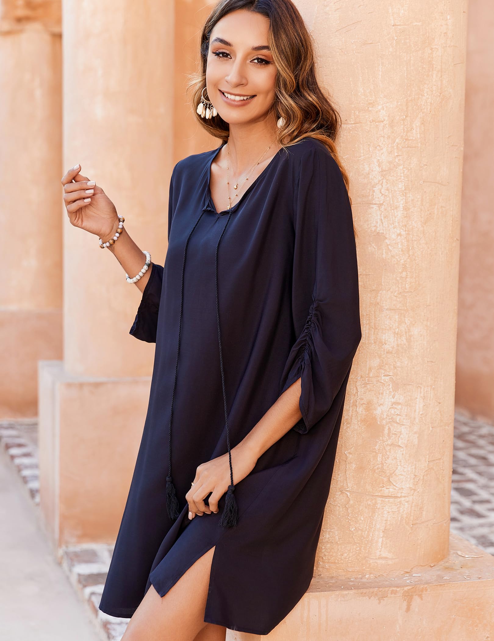 Zeagoo Abiti da donna Boho Casual Beach Summer Dress Nappa Tie Neck 3/4 Manica Lunga Mini Sundress 2025 Stampa Floreale Cover Up