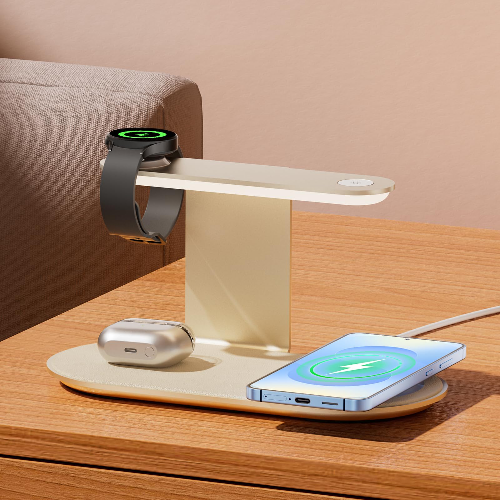 Estación de carga inalámbrica de metal para Samsung / Android Charger, 4 en 1, soporte de carga de reloj con luz nocturna para Samsung S25/S24/S23 Ultra/Buds3, solo para Galaxy Watch 8/7/6/5