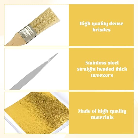 100 Sheets Gold Leaf,100 Sheets Edible Gold Leaf,Imitation Gold Leaf Edible for Cakes,Gold Paper,Gold Leaf Kit with Brush Tweezer,Foil Art for Cakes,Crafts,Resin Art,Furniture,Canvas, Decorating