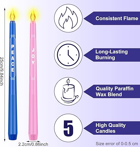 Miniatura 2 de Spiareal Juego de 4 velas de Adviento de Navidad de 10 pulgadas, sin llama, con palabras, esperanza, amor, paz, alegría, calendario azul y rosa,