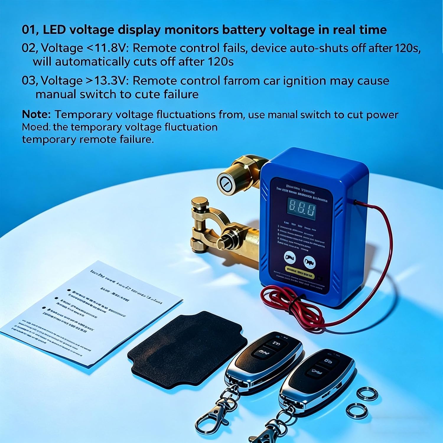 Remote Battery Disconnect Switch 12V 240A, Wireless Battery Kill Switch, Dual Remotes, LED Voltage Display, Anti-Theft Battery Cut Off for Car RV Truck ATV Boat (Blue)