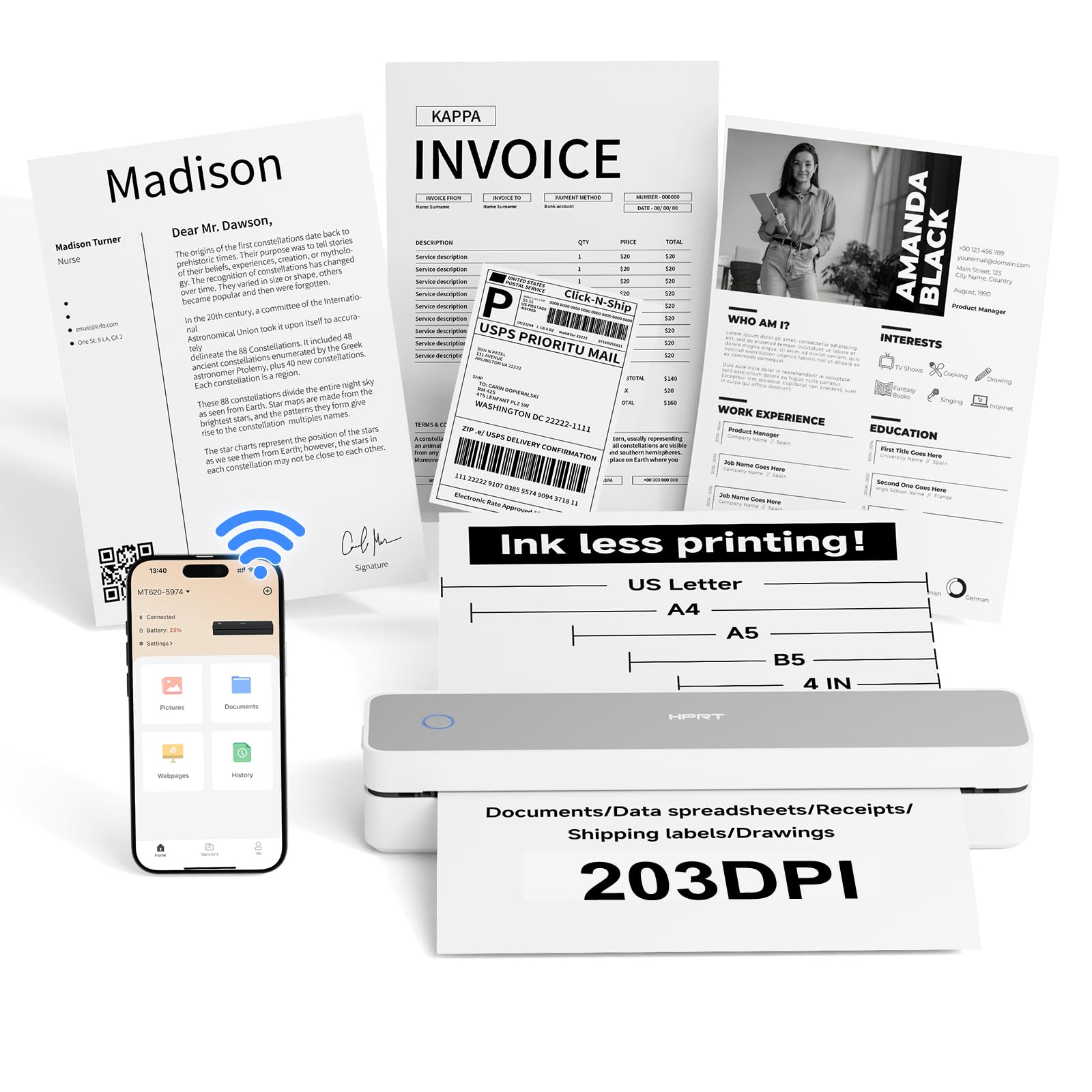 HPRT Portable Printer Wireless for Travel, Inkless Thermal Printer Grey