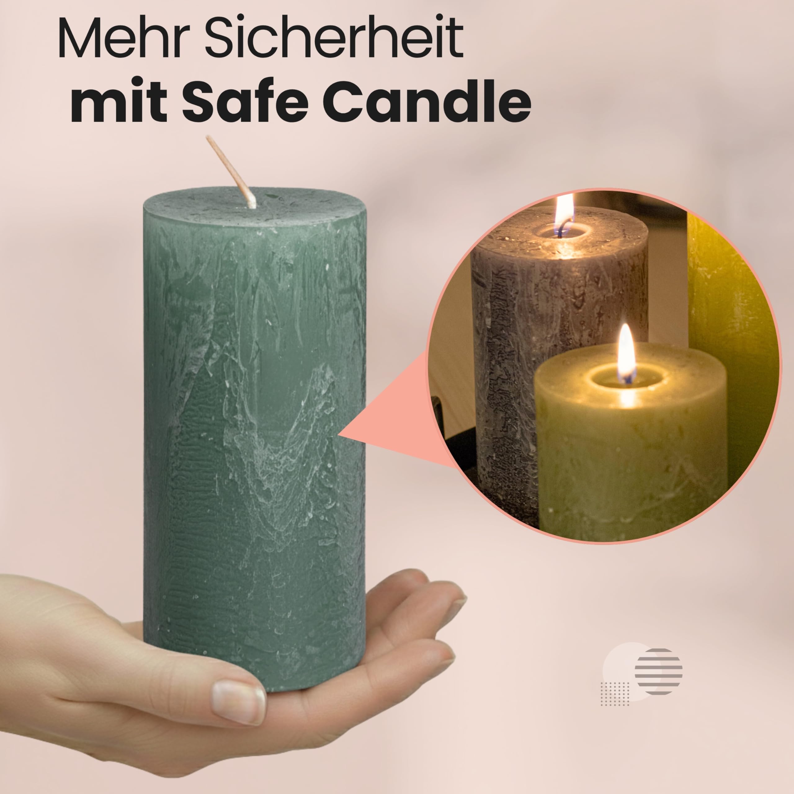 Juego de 4 velas rústicas, 140 x 70 mm, autoextinguibles, con certificado RAL, duración de combustión aprox. 69 h, fabricadas en Alemania, velas decorativas rústicas (salvia)