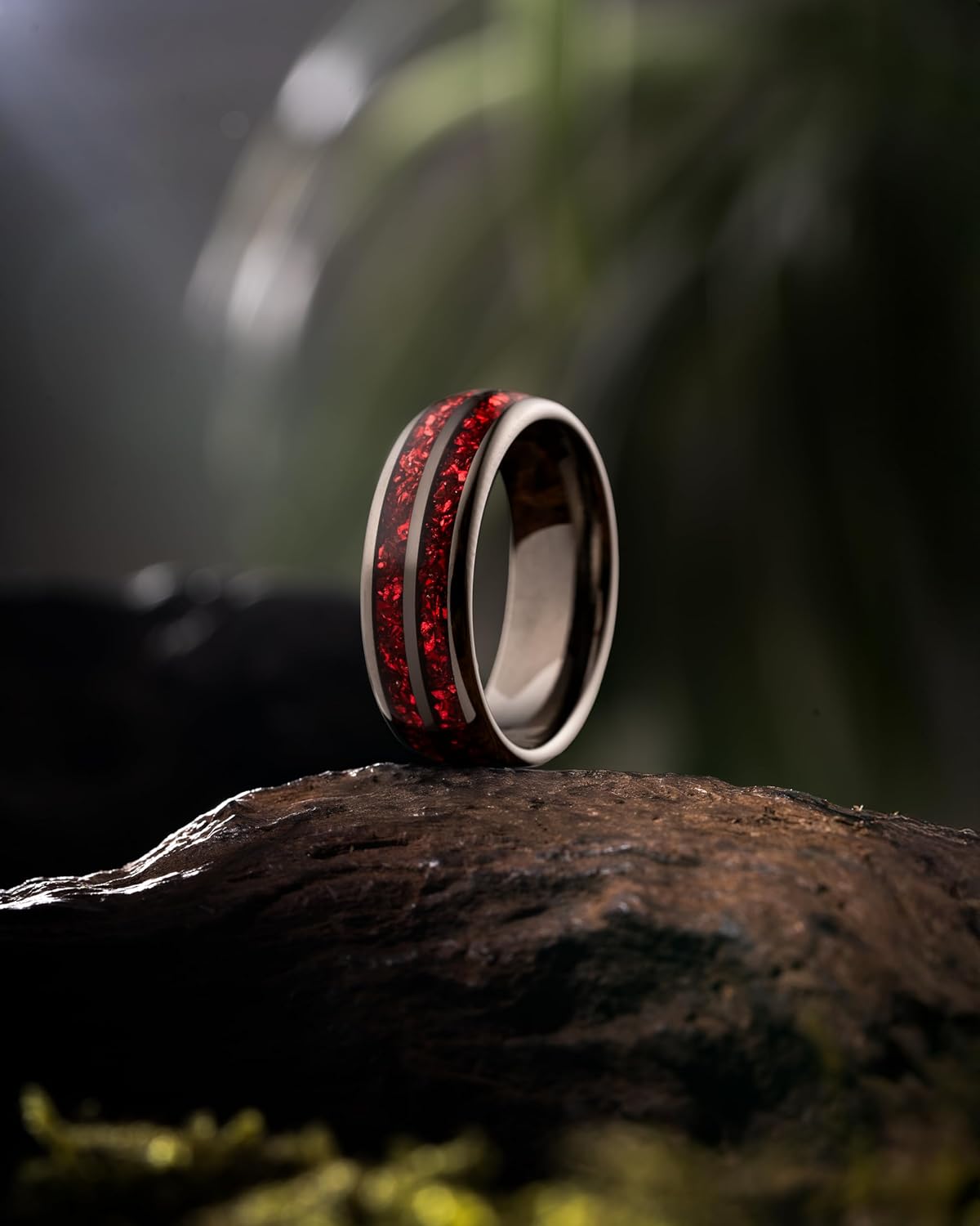 100S JEWELRY Gunmetal Mens Tungsten Carbide Ring Crushed Red Garnet Inlay Wedding Band Dome Edge Polished Finish Size 6-16 - Image 3