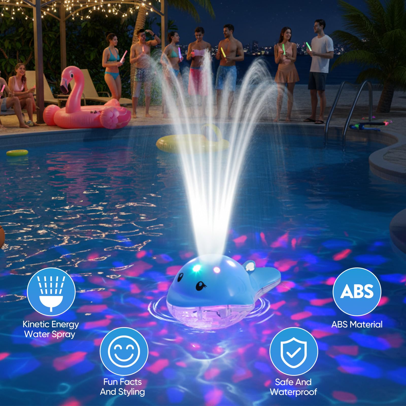 Fontaine Flottante pour Piscine avec Télécommande - Lampe de Piscine Rechargeable en Forme de Dauphin, IP68 Étanche, 12 Modes d'Éclairage et 3 Modes de Fontaine, Décoration pour Piscines, Bassin