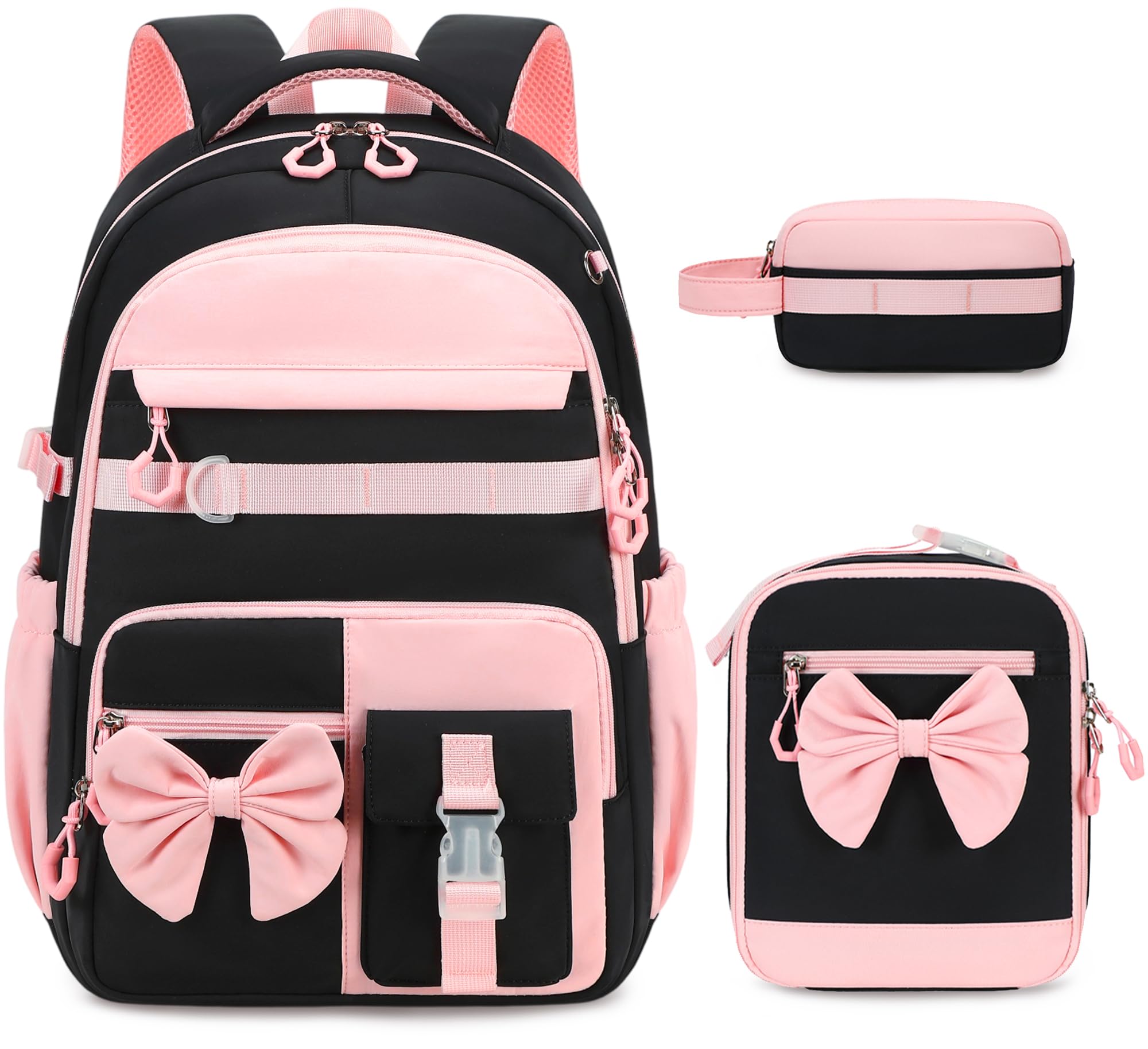 Schulrucksack Mädchen Teenager Damen Schultasche Rucksack Set Schulranzen für Mädchen Schule 3-teilig Lässig Rucksack mit Lunchpaket Tasche und Mäppchen (Schwarz Rosa)