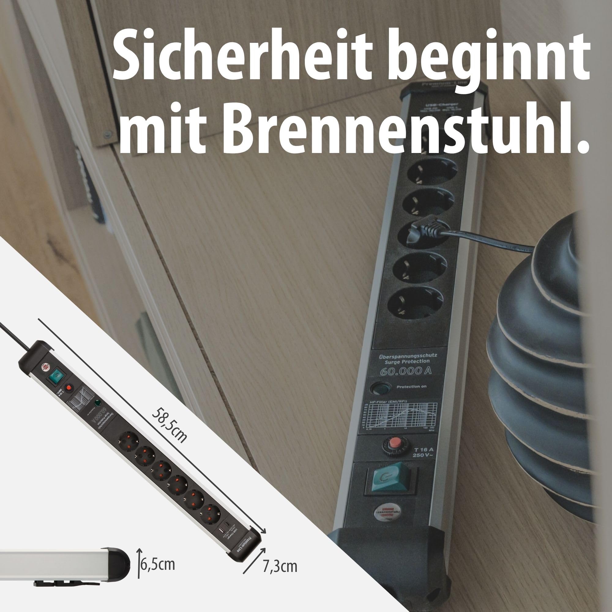 Brennenstuhl Premium-Protect-Line Steckdosenleiste 6-Fach mit USB C, 3m | Mit Überspannungsschutz, Mehrfachsteckdose mit Schalter,1x Charger Typ C PD und 1x USB-A, Made in Germany