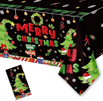 1PC Christmas Disposable Tablecloths, 108" x 54" Rectangular Plastic Waterproof Tablecover with Christmas Stocking Gift Wreath, Winter Holiday Themed Party Party Decoration Supplies