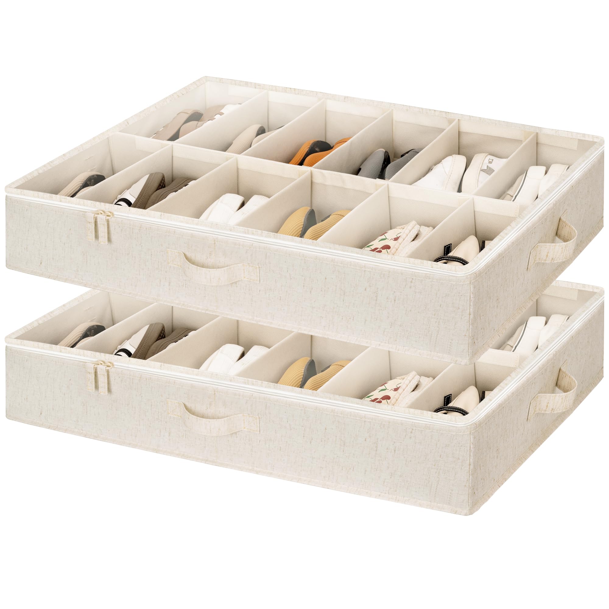 StorageWorks Organizer per scarpe per armadio, può contenere fino a 24 paia, confezione da 2 contenitori per scarpe in tessuto ultra spesso sotto il letto, con supporto inferiore e divisori regolabili