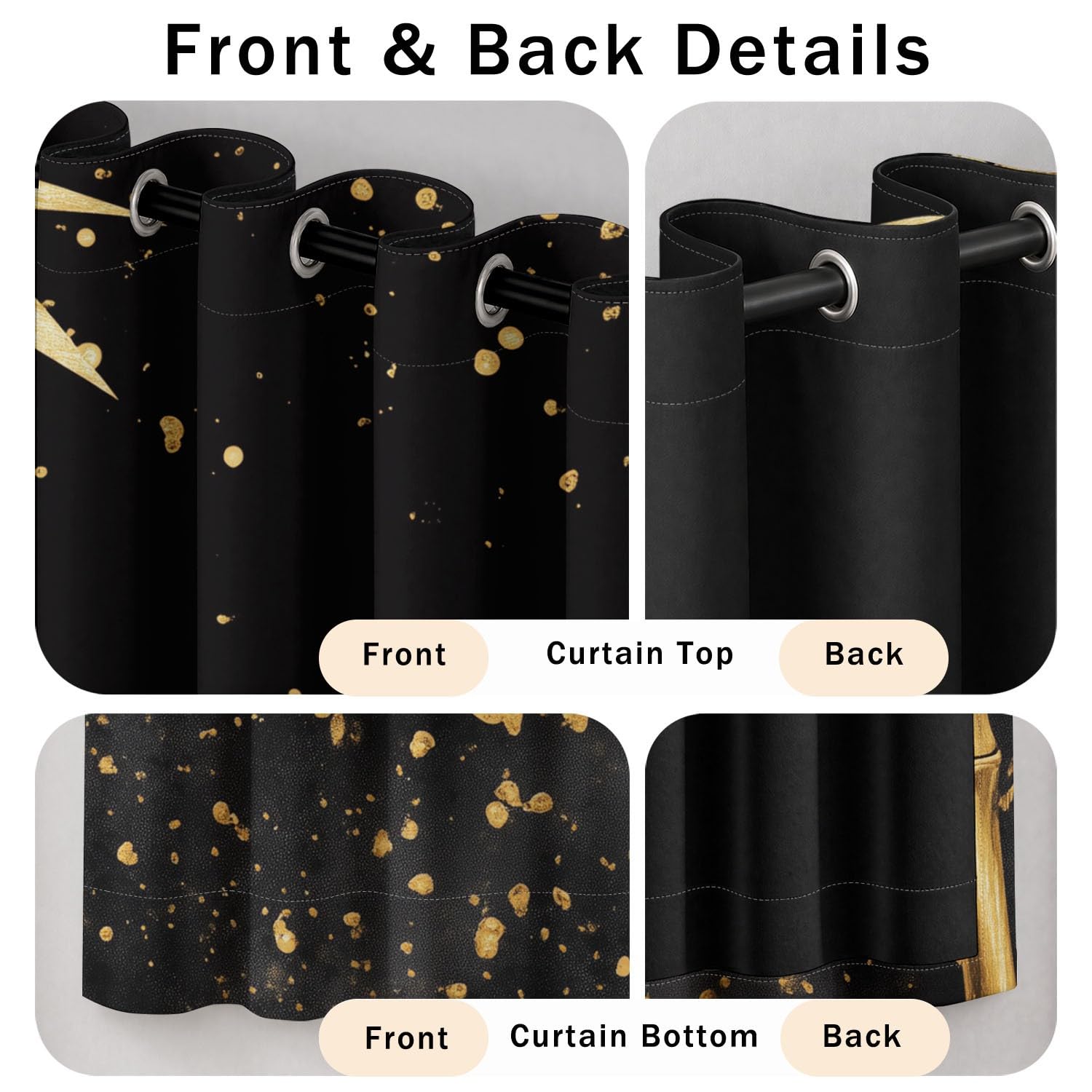 Générique Feuilles Bambou Dorées Éclaboussures Encre Rideau à œillets Luxe Abstrait Thermique, Séparateur de pièce, Occultant, Rideau de fenêtre Chambre Salon L 140 x H 180 cm 2 Panneaux Simples