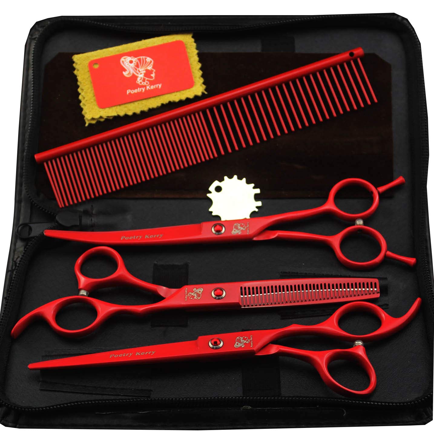 7 inch Pet Thinning Shears - Professional Pet Grooming Hairdressing Scissors Cutting Bending Shears with Toothed Stainless Steel Blades for Dog, Cats (red Set) — image 1