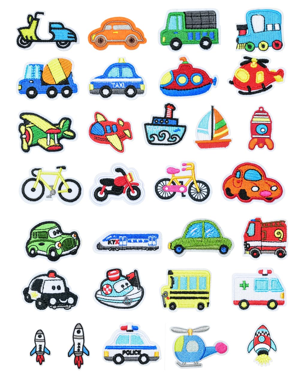 30 Pieces Vehicles Embroidered Applique Bus Tractor Truck Airplane Boat Bike Iron on Patches for Learning Jeans Outfit Shirt Backpack Embellishments