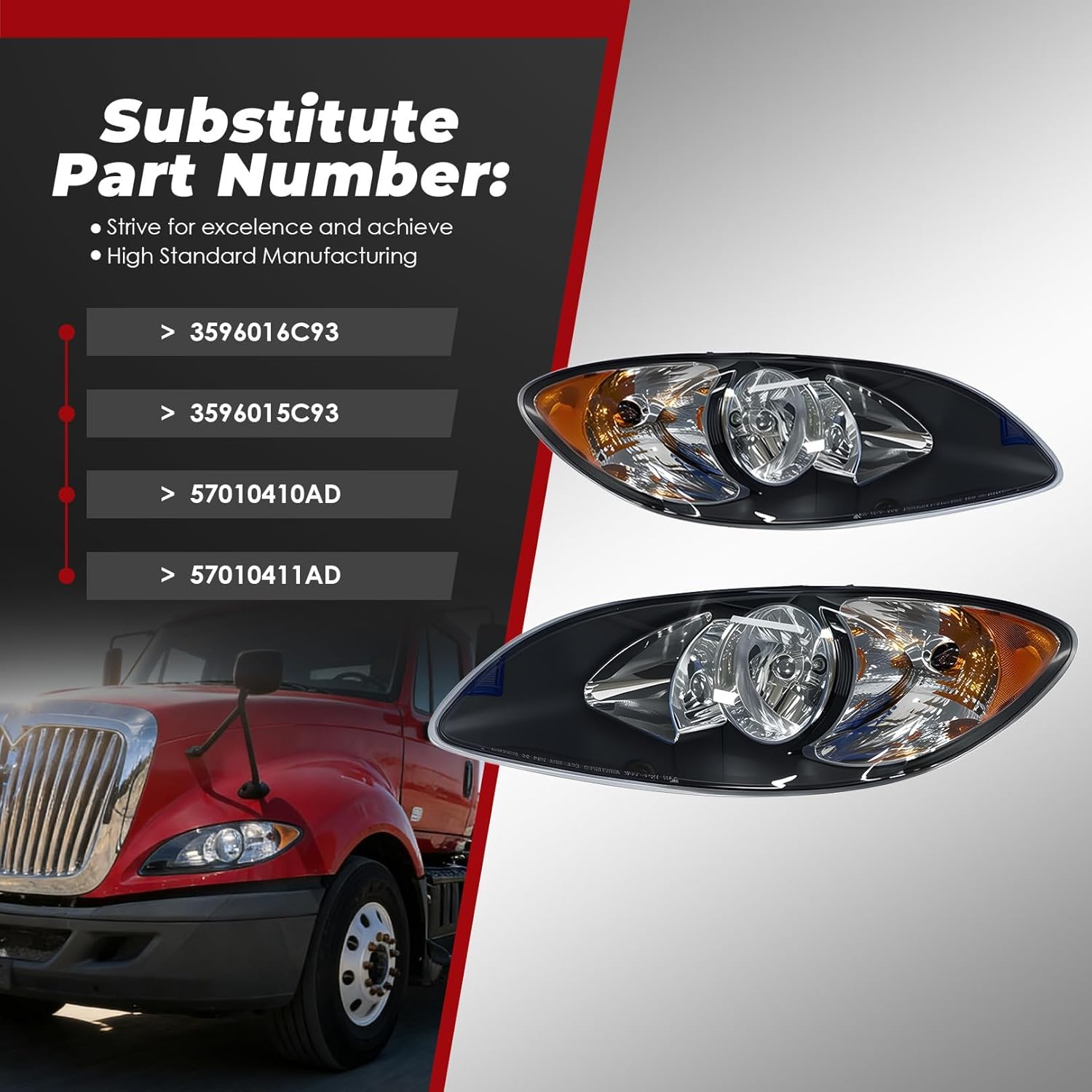 Pair Halogen Headlight Assembly Compatible with Prostar 2008 2009 2010 2011 2012 2013 2014 2015 2016 Black Front Left Right Driver Passenger Side Headlamps Replace 3596016C93 3596015C93