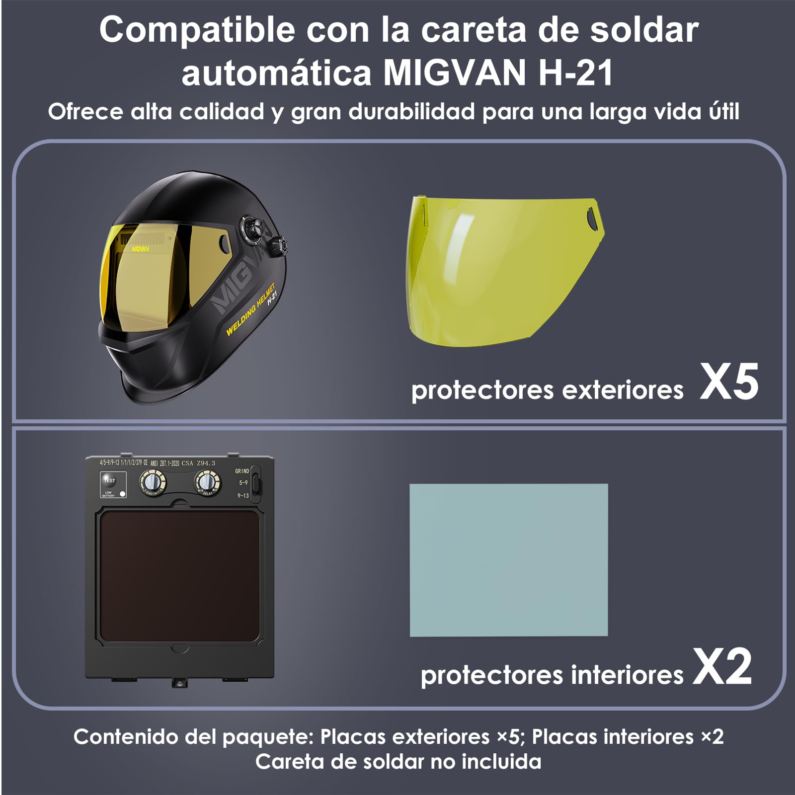 Careta de soldar Juego de 7 Pantallas Protectoras, vidrios de Repuesto internos y externos, 5 Exteriores + 2 Interiores para caretas de soldar automáticas H-21
