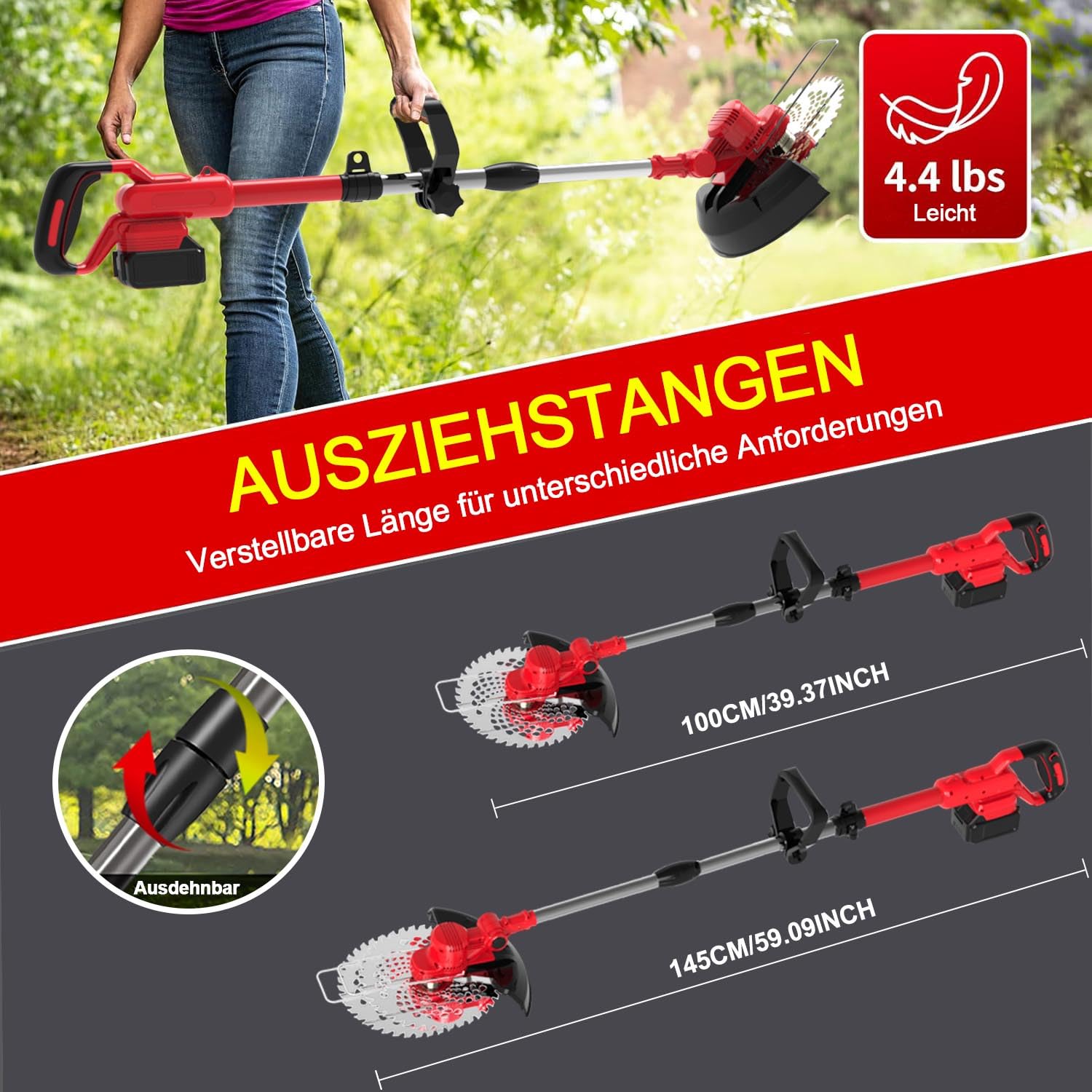 Rasentrimmer mit Akku und Unkrautbürste,21V Akku Rasentrimmer für Makita Akkus,Inkl 2X4.0Ah Akku & Ladegerät,5 Klingentypen Akku Freischneider,90° Drehkopf,für Garden Trimmen,Rot