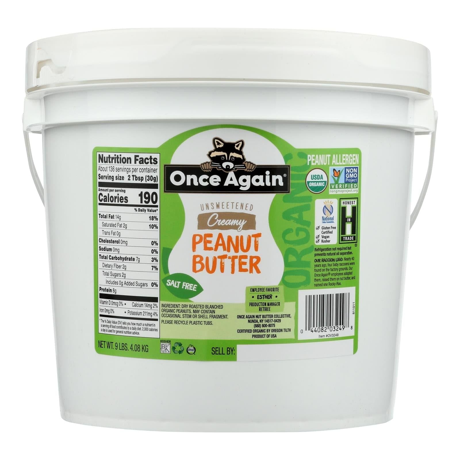 Once Again Organic No Salt Smooth Peanut Butter, 9 Pound - 1 each.