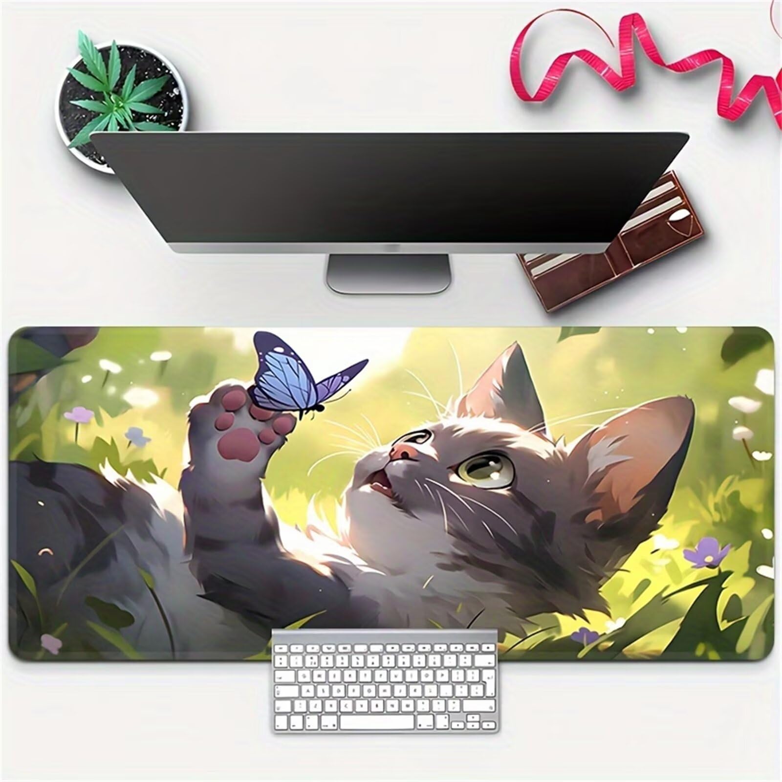 Tappetino Mouse Gaming XXL 1200x600x3 mm, Tappetino da Scrivania Grande, con Bordi Cuciti Rinforzati, Base in Gomma Antiscivolo, Tappetino per Tastiera Lavabile per PC e Laptop, Farfalla Animale Gatto