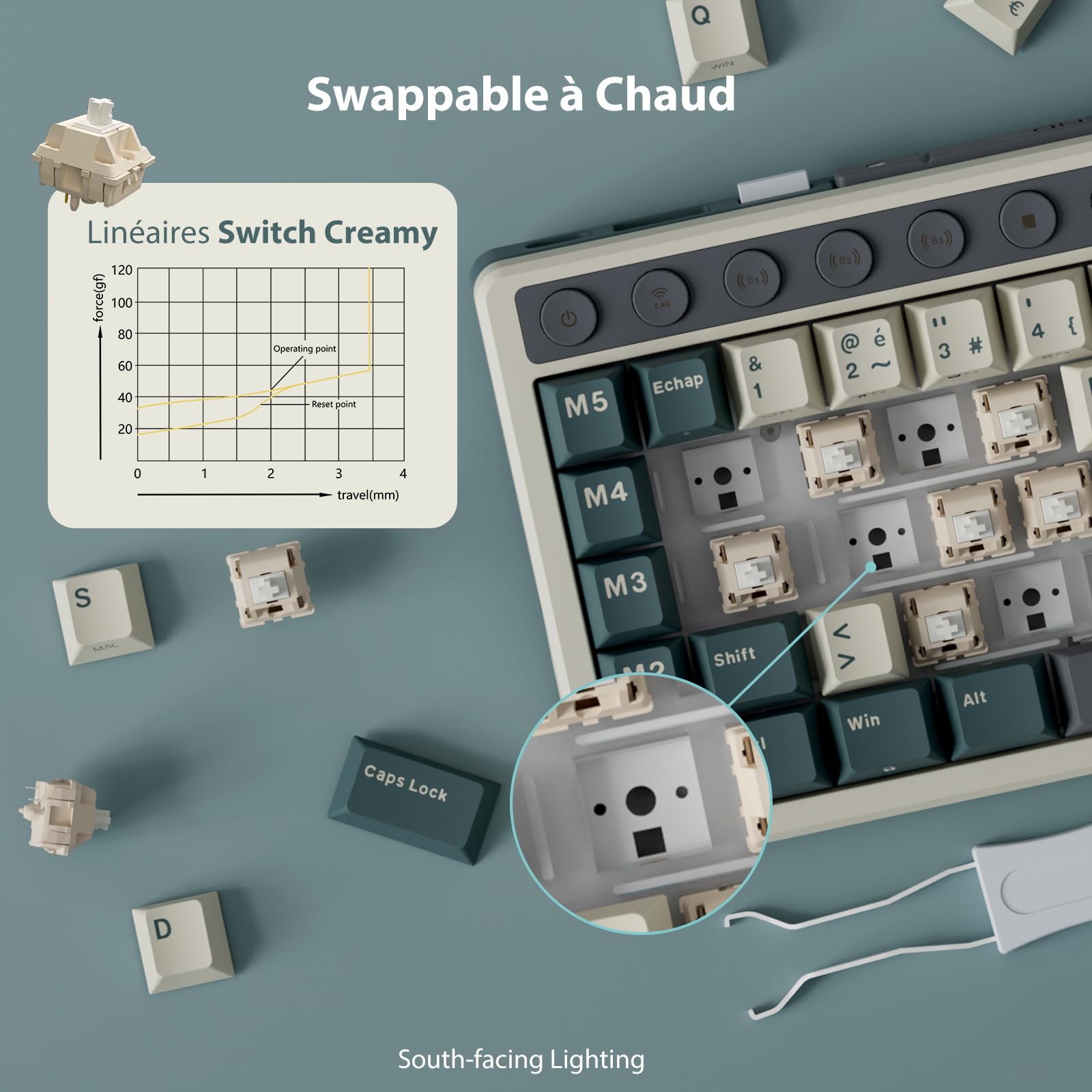 RK ROYAL KLUDGE M70 Clavier Mécanique 75% sans Fil - Triple Connexion, 5 Macros Programmables, Écran État, Molette Verticale, Switches Creamy Tactiles Hot-Swap, AZERTY Français, Batterie 6000mAh