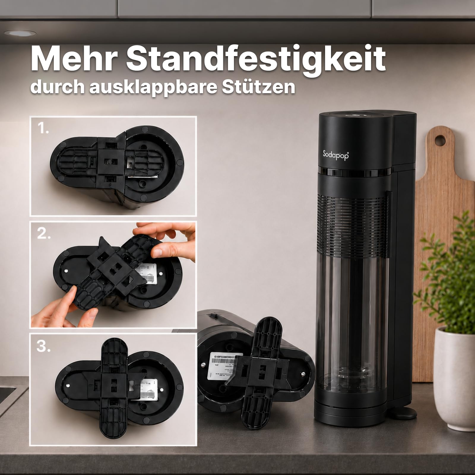 Sodapop Wassersprudler Logan, inkl. 3 Glasflaschen (2x 850 & 1x 600 ml) und 1x CO₂-Zylinder, Starterset, Matt Schwarz, Höhe 42,6 cm