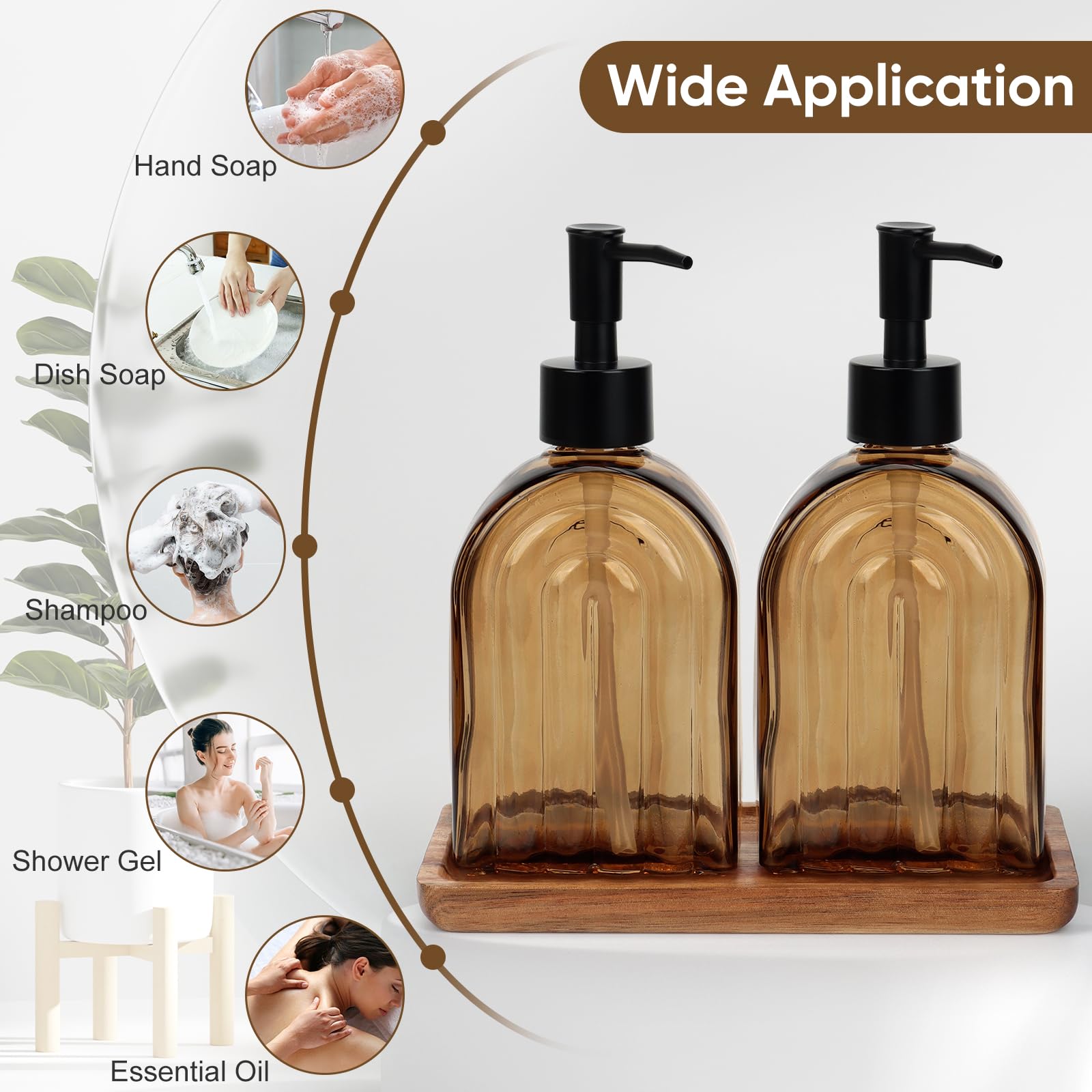 2 Pack Arch Glass Soap Dispenser with Plastic Pump, 13OZ Liquid Hand Soap Dispenser with Cassia Wood Tray, Rustproof Pump for Kitchen & Bathroom, Great for Lotions, Essential Oil, Liquid Soaps,Amber - 5
