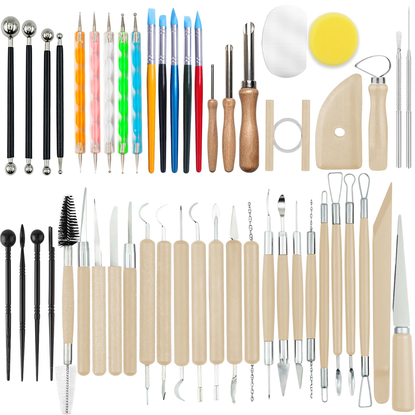 50Pcs Clay Sculpting Tools Kit, Pottery Clay Tools for Adult, Beginners and Artists, Pottery Carving Kit for Pottery, Dotting, Molding, Shaping (Natural Wood)