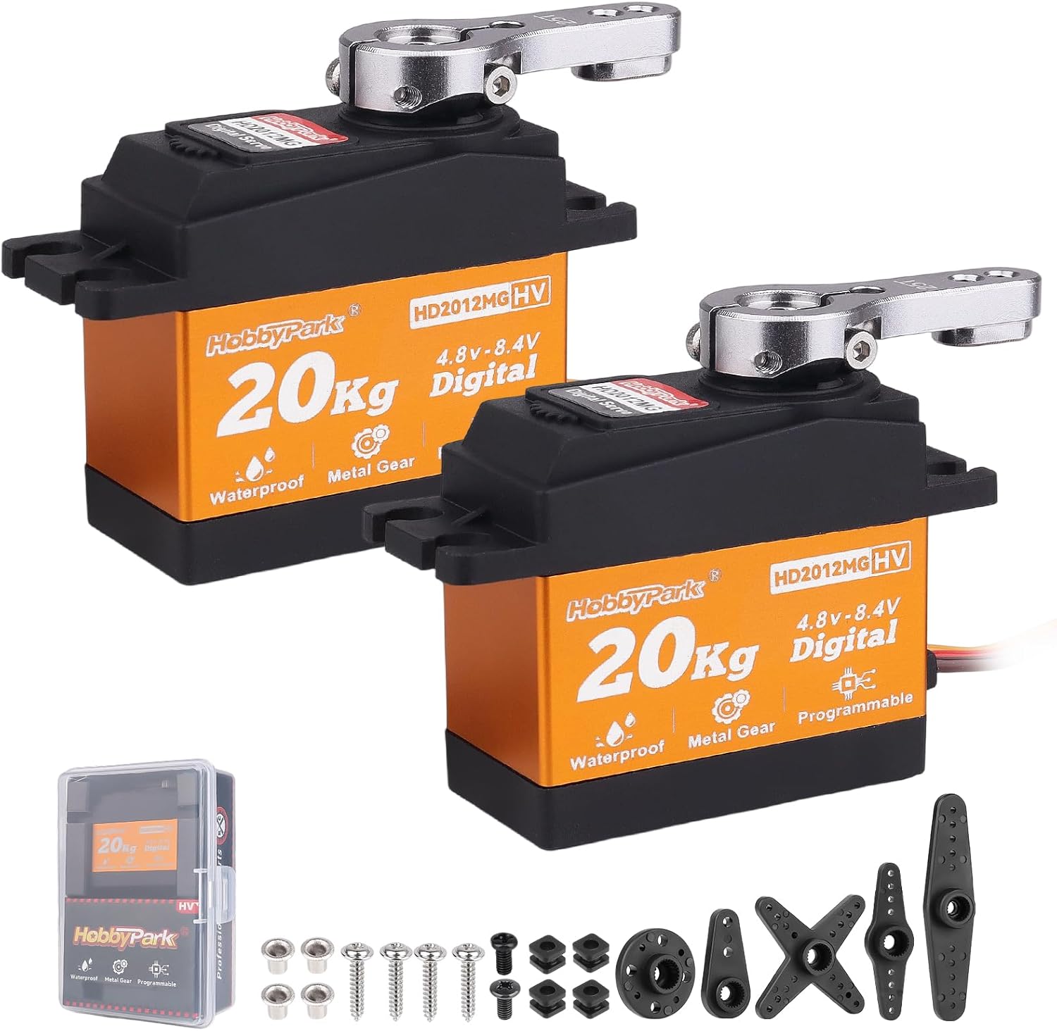 HobbyPark Pack of 2 20KG Servo Waterproof RC Steering Servo All Metal Gears Standard Digital Servos for 1/10 1/12 RC Cars Crawlers Trucks Robot DIY Control Angle 180°, 0.09sec 5.0v-8.4v HV