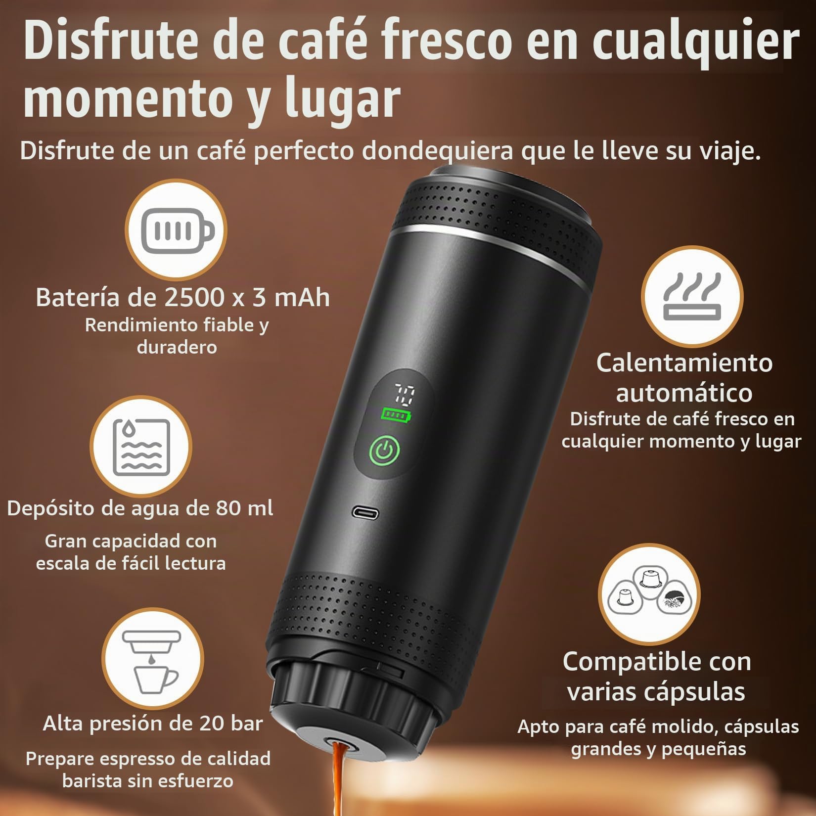Cafetera mini 3 en 1, cafetera espresso portátil, cafetera para llevar con cápsulas y café molido, se calienta en 5 minutos para el coche, gadgets para el hogar, oficina, camping y regalos