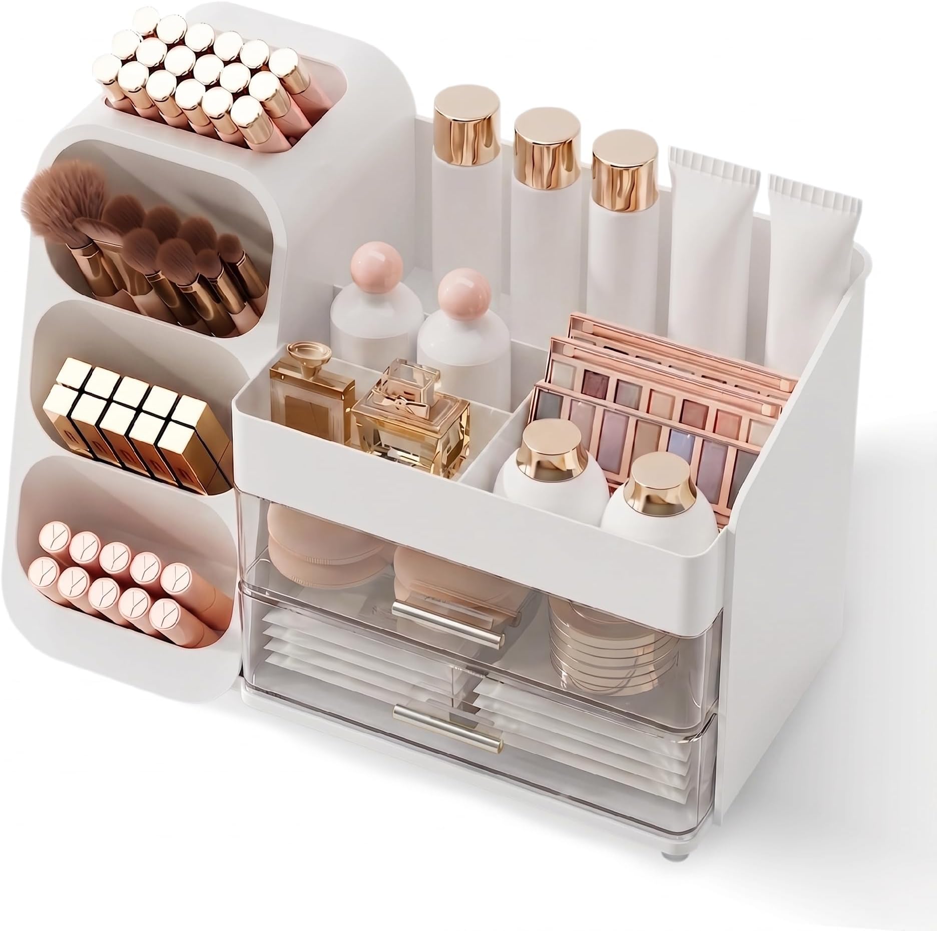 Makeup Organizer for Vanity, Large Capacity Cosmetic Display Case with Clear Acrylic Drawer, Countertop Beauty Storage Holder for Skincare, Brush Eyeshadow Lipstick Counter Desk, Crystal White