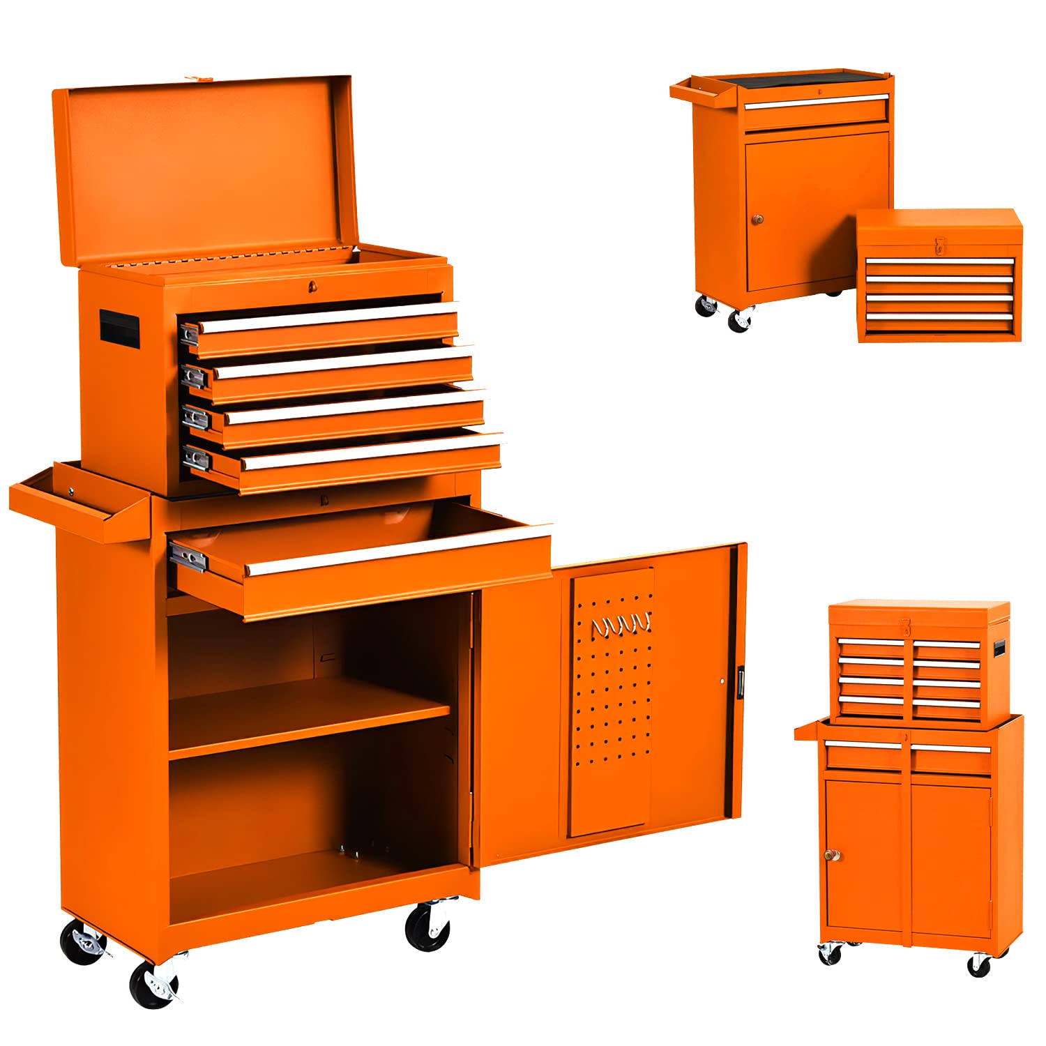 Rolling Tool Box Tool Chest with 5 Sliding Drawers, 2 in 1 Detachable Tool Storage Cabinet, Removable Tool Box with 4 Wheels, Lockable High Capacity Tool Chest for Garage and Repair Shop (Orange)