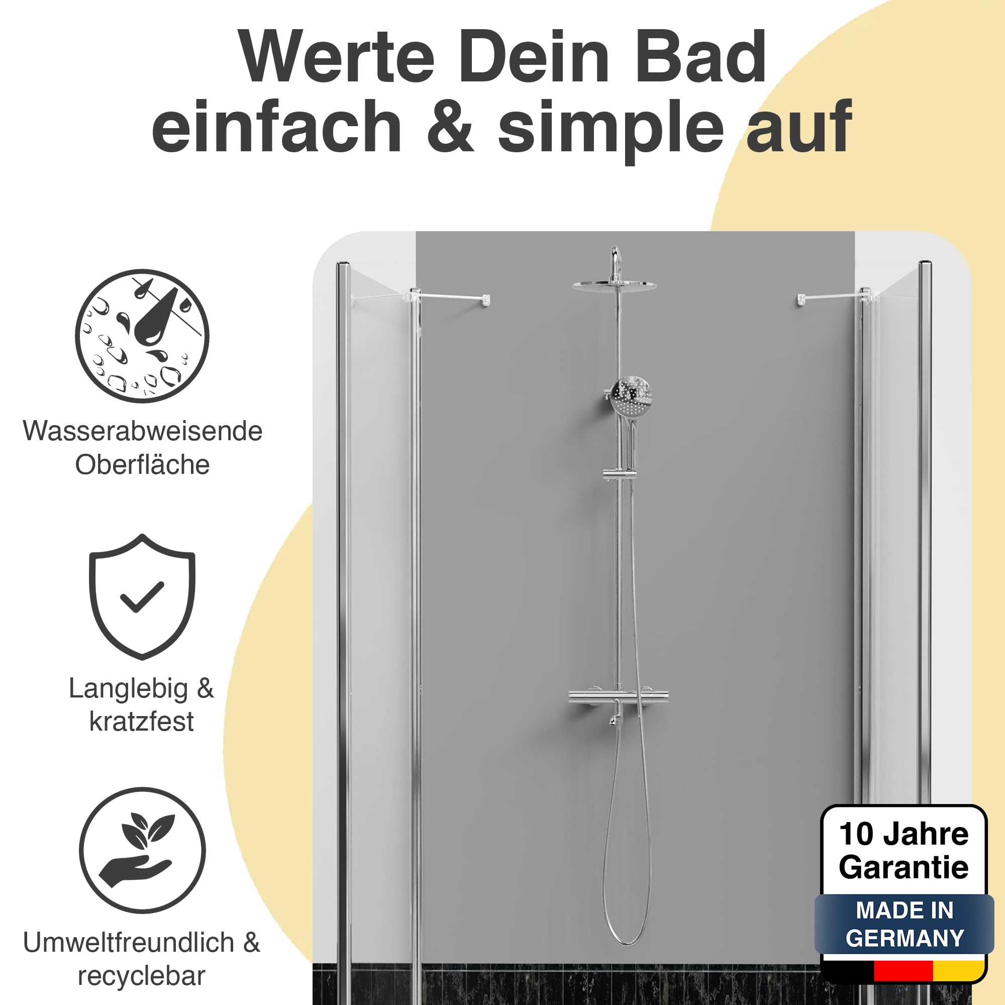 WALLando Premium Duschrückwand 250 x 100 cm Schwarzwaldeiche Hell | Einfach zu montierende Wandverkleidung für Dusche & Bad – Hochwertige PVC-Duschwand, einfarbig & seidenmatt – Hellgrau