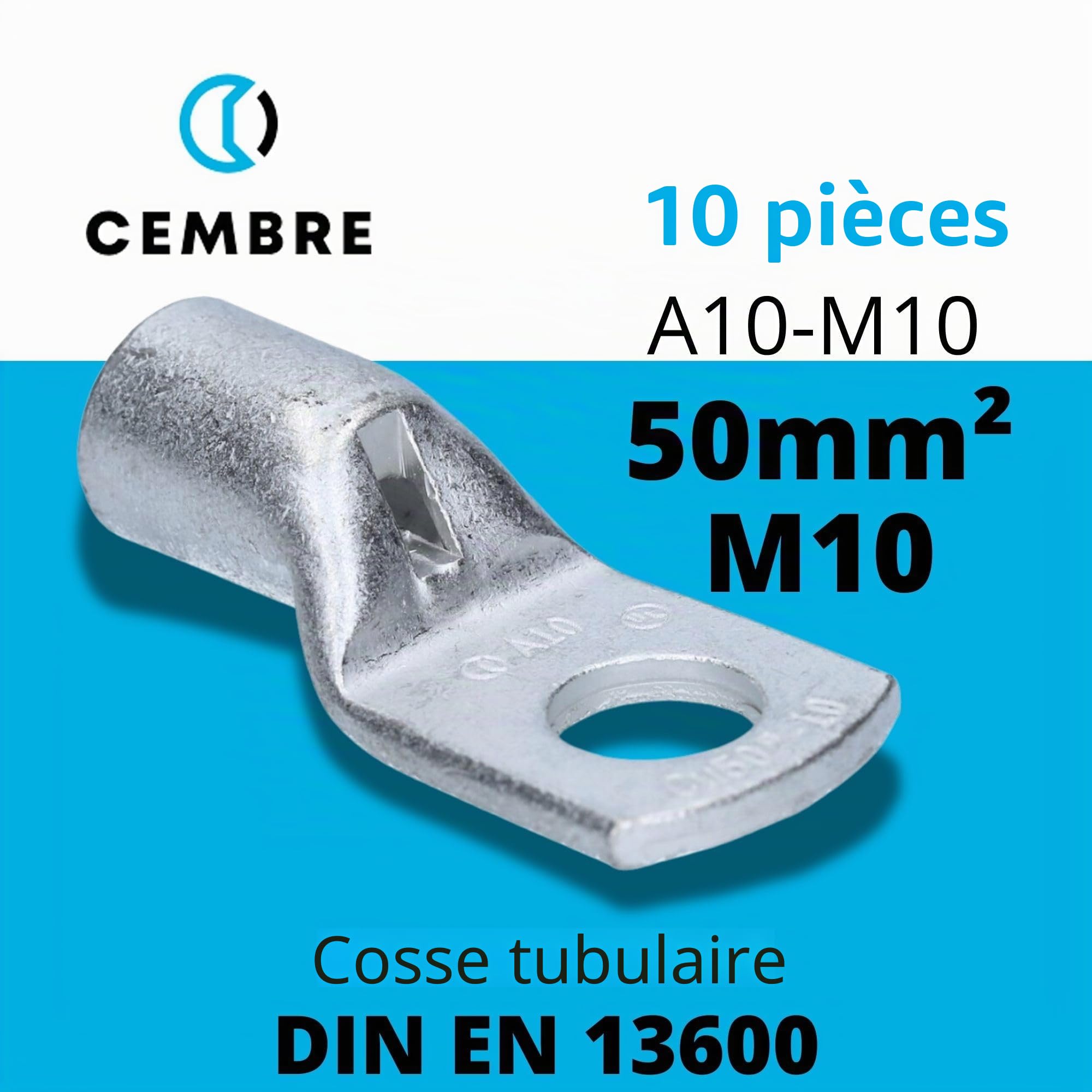 Cembre 10x Cosses Tubulaires A10-M10 50 mm² M10 en Cuivre Étamé | Connecteurs de câbles non isolés avec trou de visualisation pour installation électrique, auto, moto et industrie.