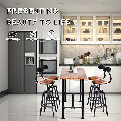 Miniatura 5 de Juego de 2 taburetes de bar industriales con respaldo, asiento giratorio de madera, altura ajustable, 25-32 pulgadas, taburete de isla de cocina,
