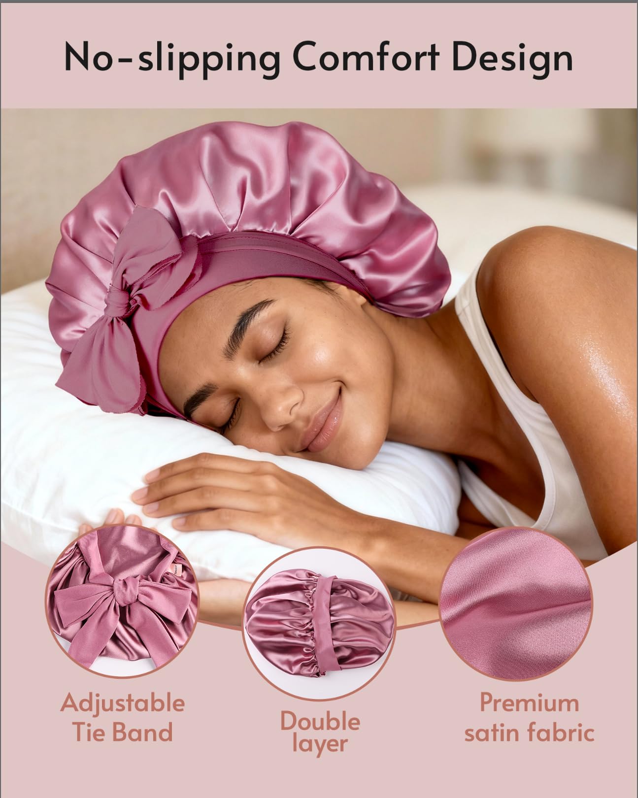 Yanideer 3 gorros de satén ajustables para dormir, doble capa, con forro de satén, con banda de amarre para mujer, cabello rizado