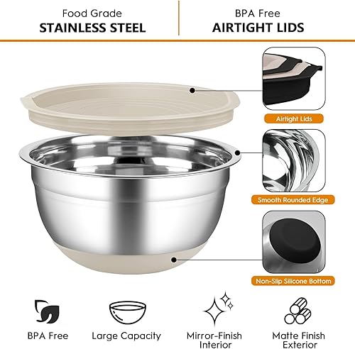 Miniatura 18 de CHAREADA Tazones de mezcla con tapas herméticas, juego de 18 cuencos de acero inoxidable para mezclar anidación, parte inferior de silicona