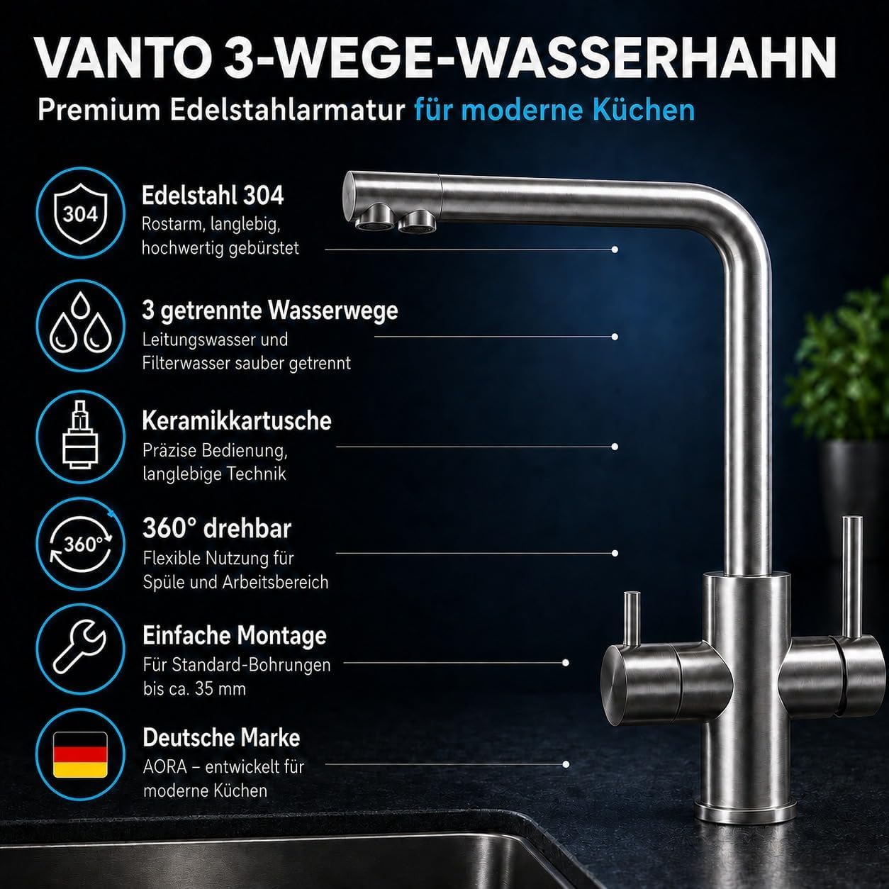 VANTO INOX 3-drożny kran kuchenny, armatura kuchenna ze stali nierdzewnej 304, wysokociśnieniowa, pod stołem, filtr do wody pitnej z BRITA P1000, głowica filtrująca, wąż i adapter, wylewka L