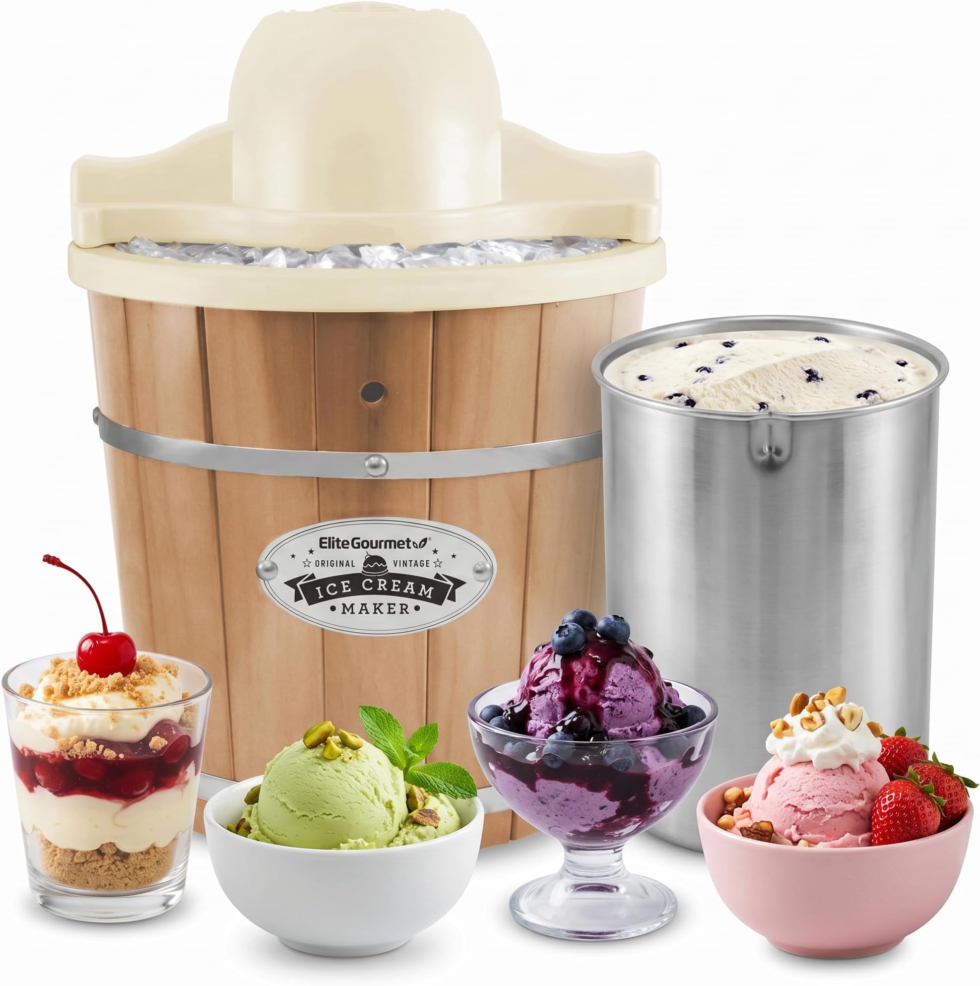 Elite Gourmet EIM-924L 4Qt Old Fashioned Vintage Appalachian Wood Bucket Electric Ice Cream Maker Machine with Leak-Proof Liner, Uses Ice and Rock Salt, Churns in Minutes, Pine