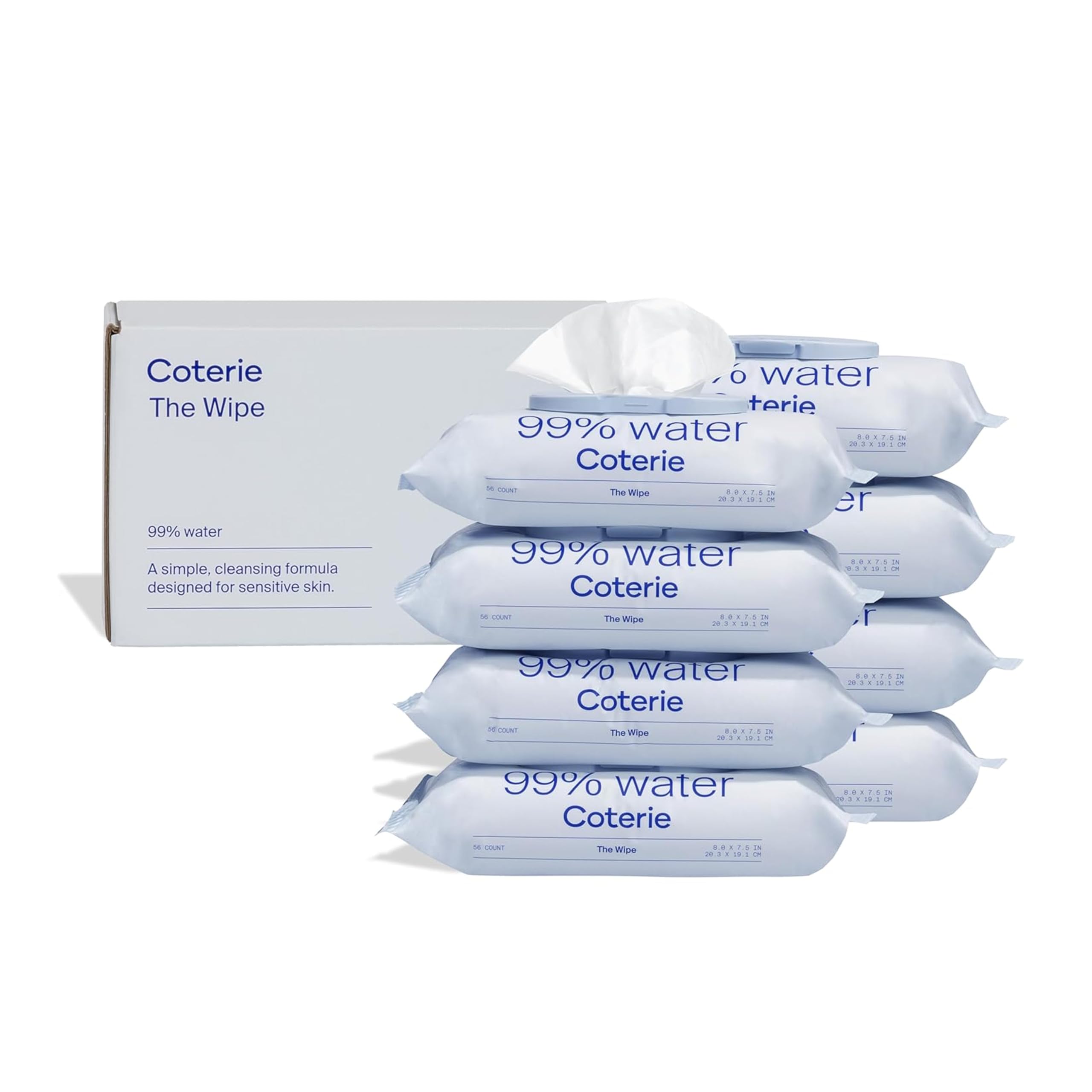 Coterie Toallitas para bebé, paquete de 8, 448 toallitas, sin perfume, 99% de agua purificada, sin plástico ni fibras vegetales, sin fragancia, hipoalergénicas, para pieles sensibles. Ingredientes: