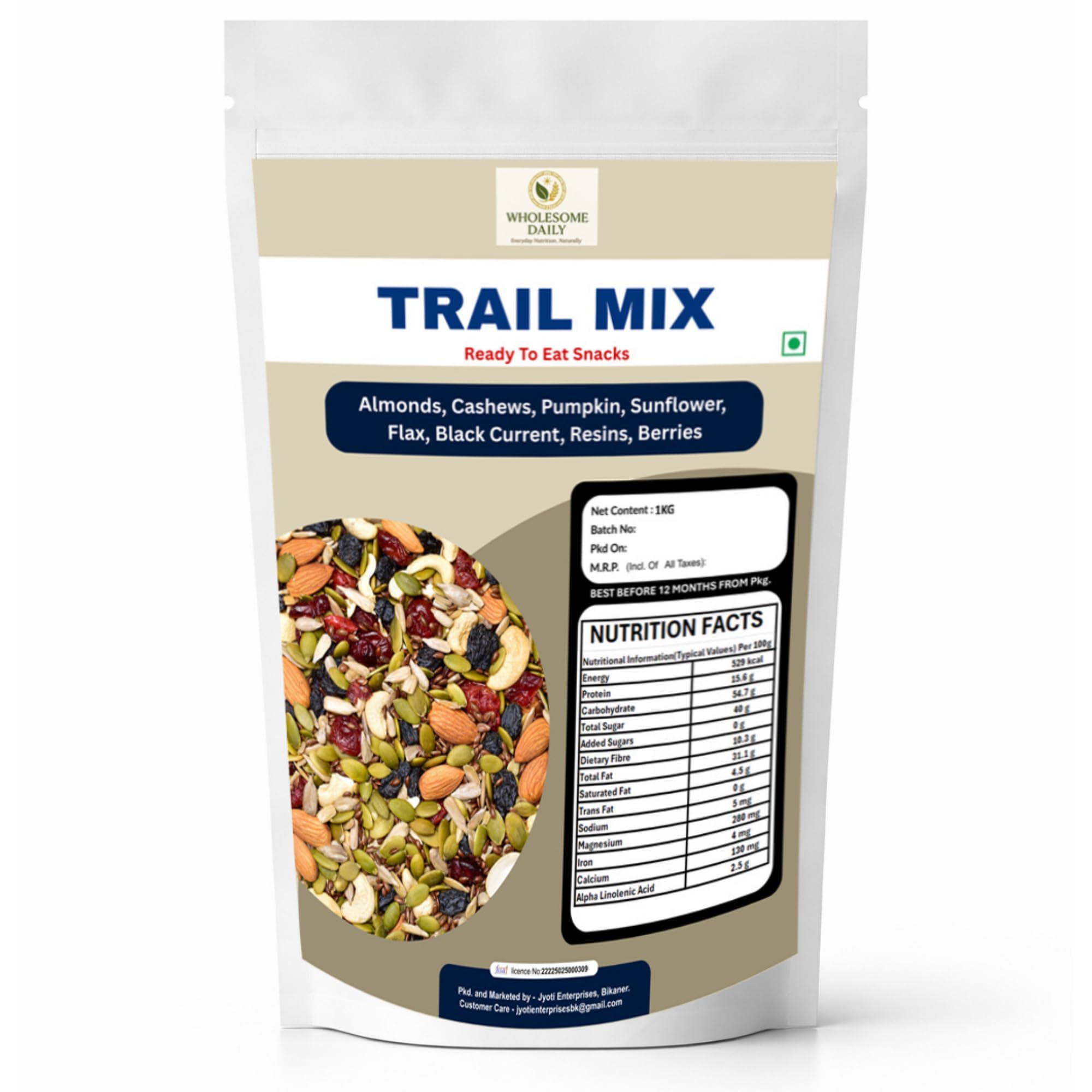 trail mix | blend of 8 superfoods cashews, almonds, flax, raisins, black currant, berries, pumpkin & sunflower seeds | healthy snack | energy boost | zipper pouch - 1kg