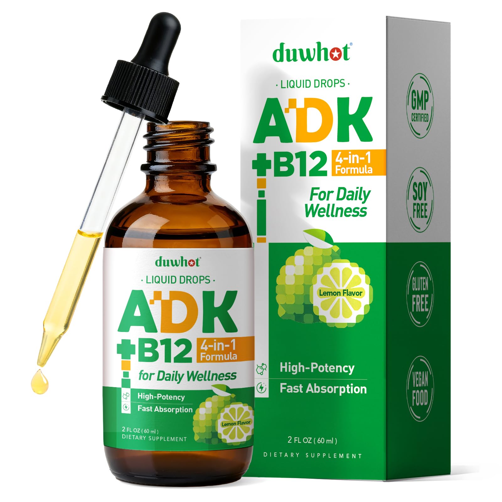 duwhot ADK + Vitamin B12 Liquid Drops, 2 Fl Oz
