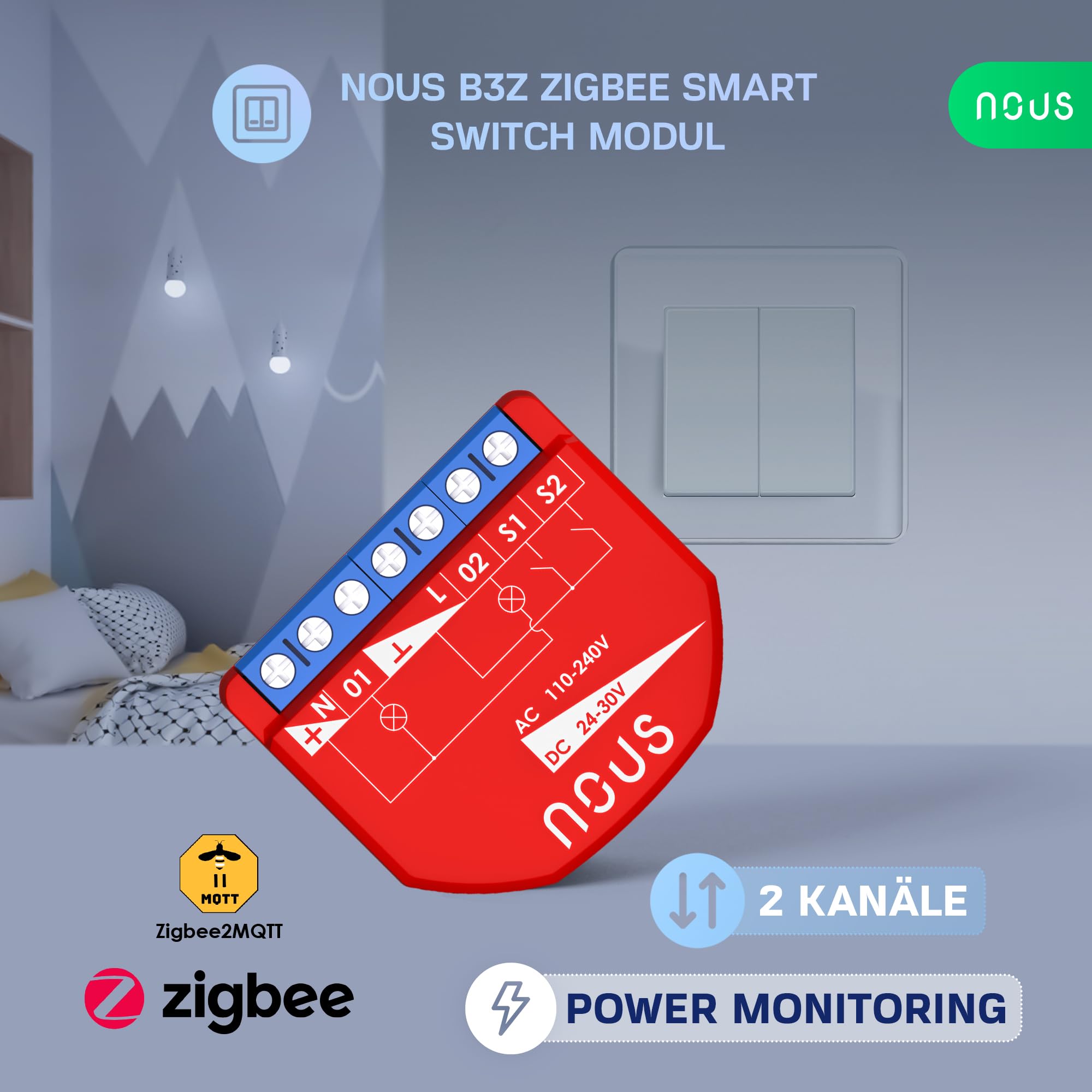NOUS Module Interrupteur Intelligent ZigBee avec Mesure de Puissance, 2 Canaux, AC 16A/DC 10A, 3.0 Hub Requis, Compatible avec Alexa, Zigbee2MQTT, Google Assistant, Home Assistant, Tuya