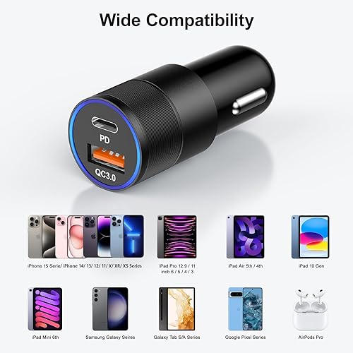 Miniatura 7 de Cargador de coche para iPhone 15 Pro Max, paquete de 2 unidades de 36 W PD y QC3.0 de doble puerto USB C cargador de coche adaptador de cargador de