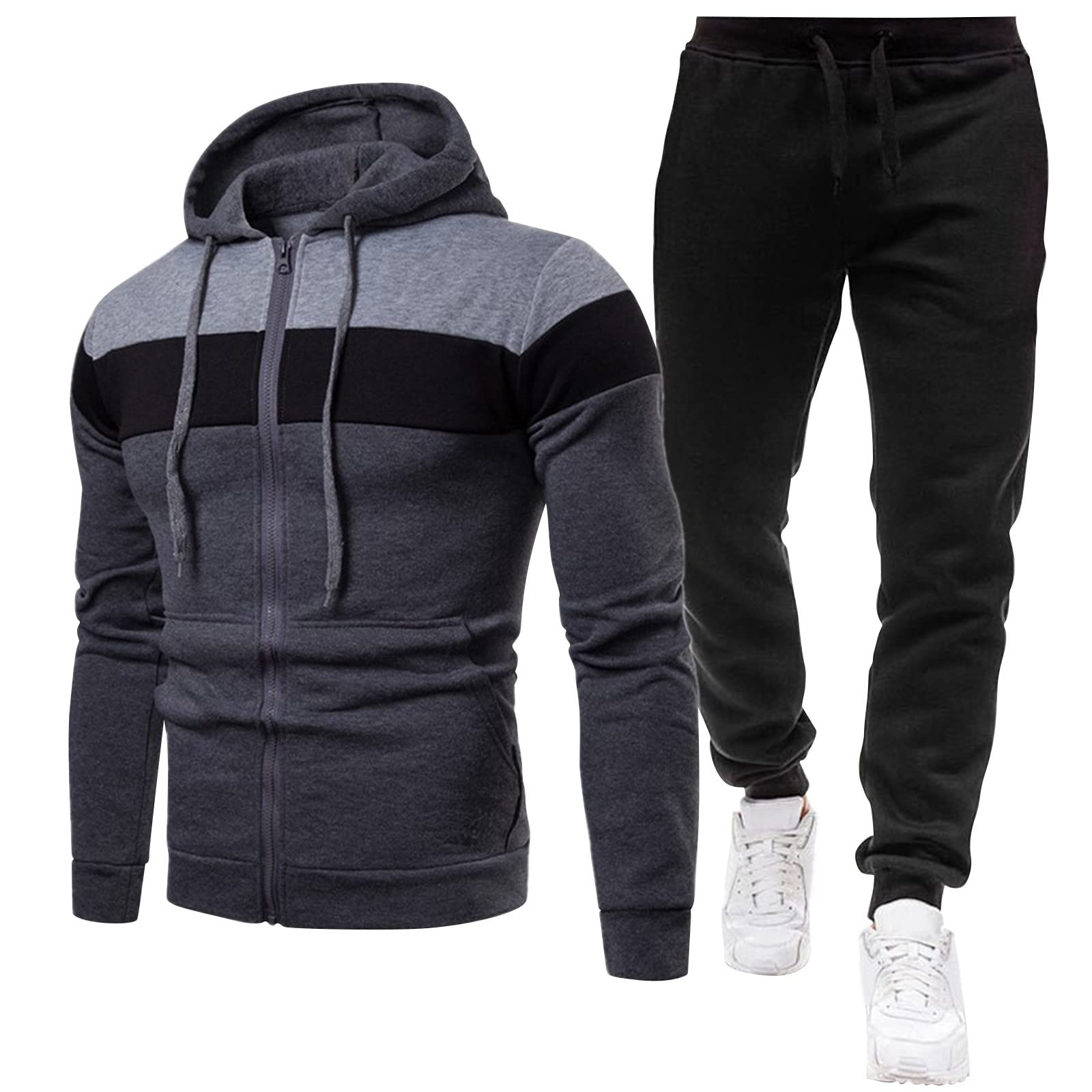 Męski dres treningowy, 2-częściowy, zapinana na zamek bluza z kapturem i joggery, ciemnoszara i czarna, odzież sportowa dla mężczyzn, miękka bawełniana dres treningowy z kieszeniami, wygodna odzież